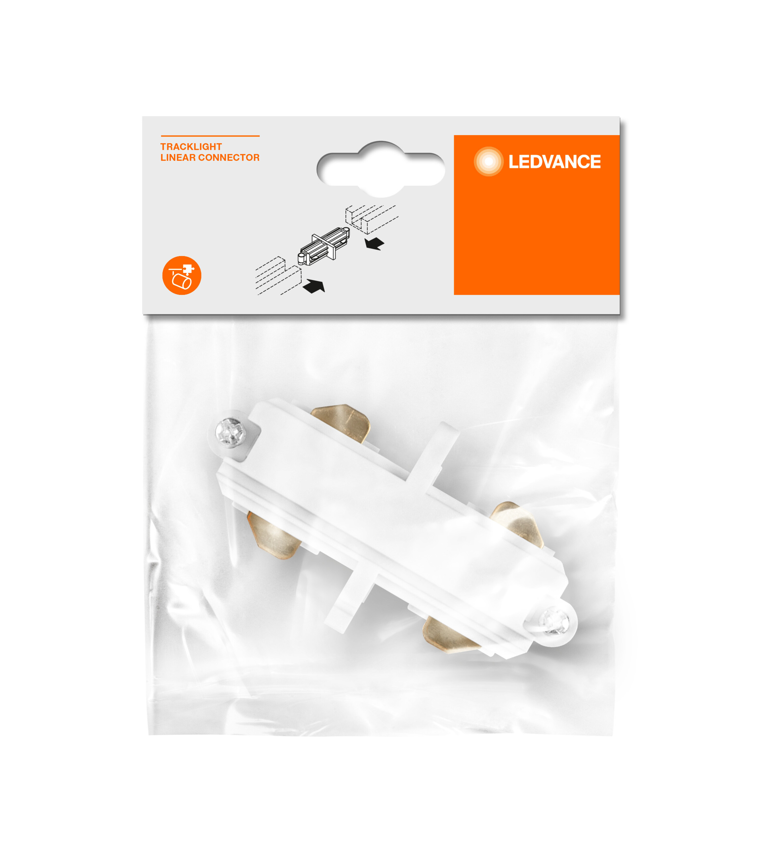 Ein weißer Tracklight-Linearverbinder in einer Plastiktüte. LEDVANCE-Logo oben. Illustration des Produkts.