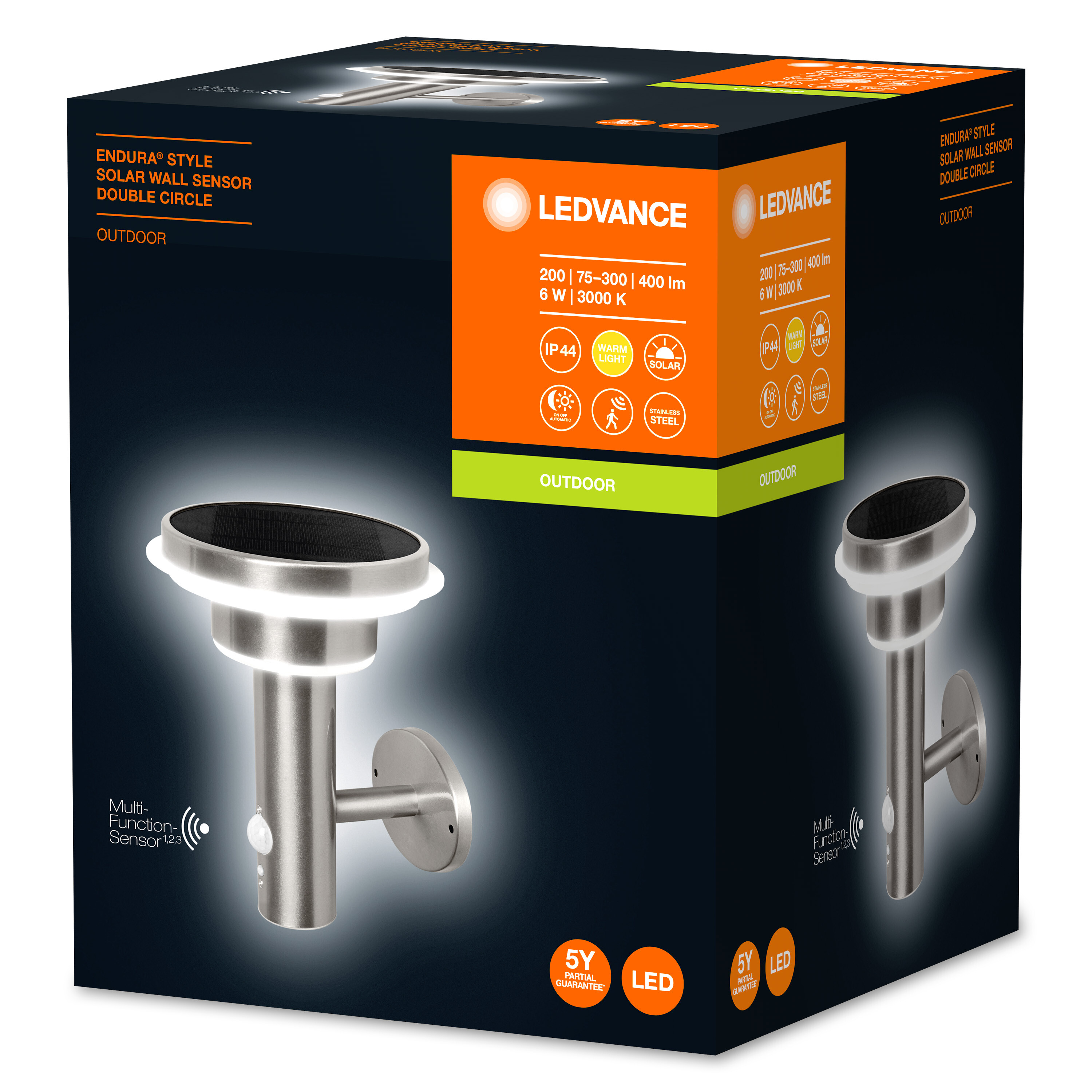 Solar-Wandsensor in Box, silber, schwarzes Gesicht. Marke LEDVANCE, für den Außenbereich.