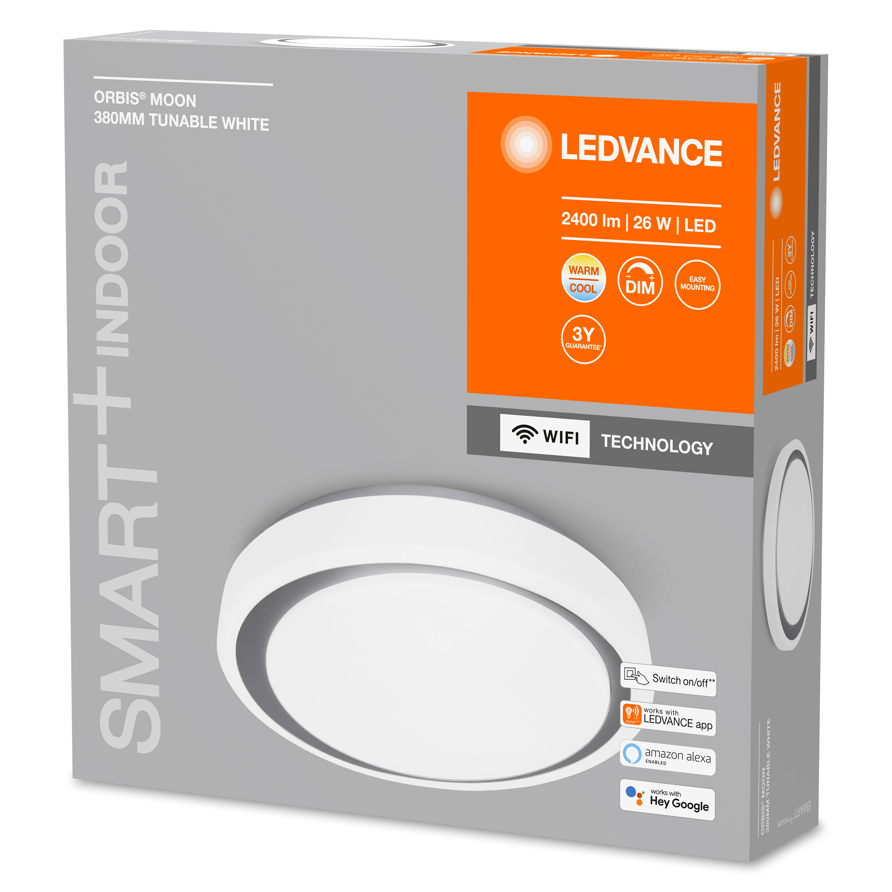 LEDVANCE-Box, runde weiße Leuchte gezeigt, Smart Home-Integration.