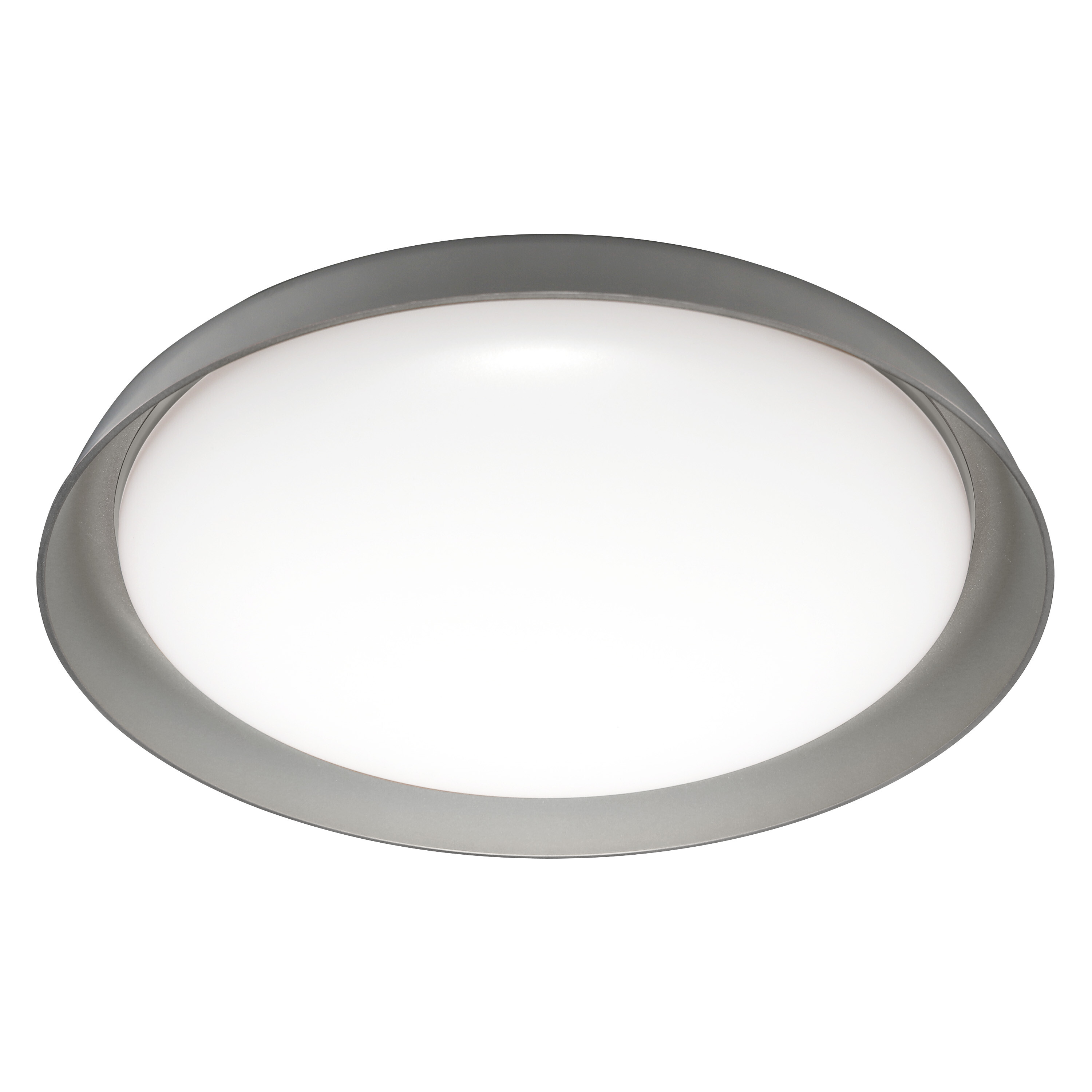 Una luce a forma ovale con cornice grigia e area di luce bianca. Sfondo bianco.