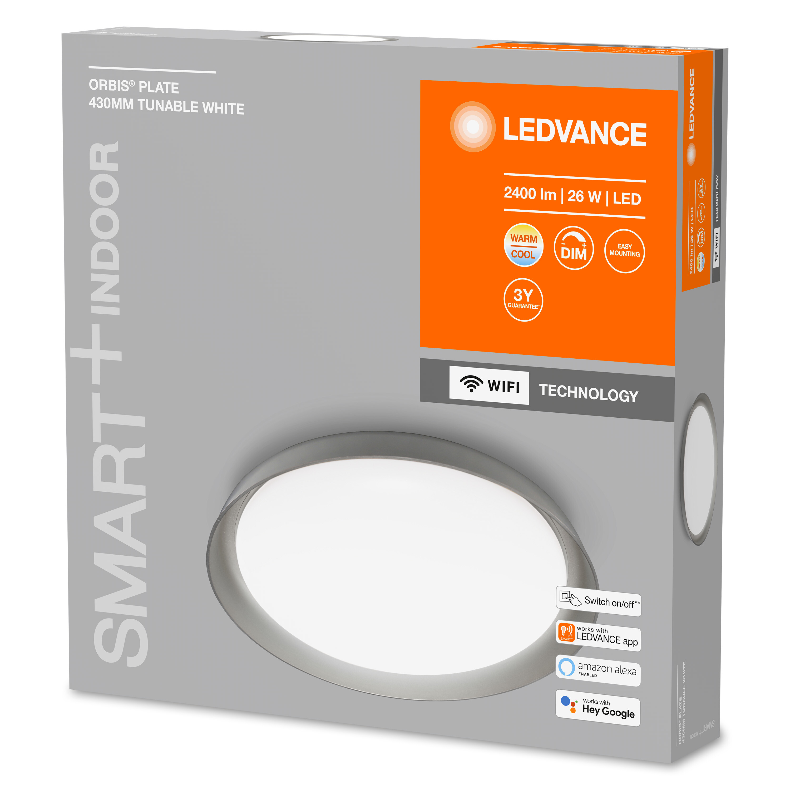 Scatola LEDVANCE Orbis Plate con funzioni di luce intelligente, sfondo bianco.