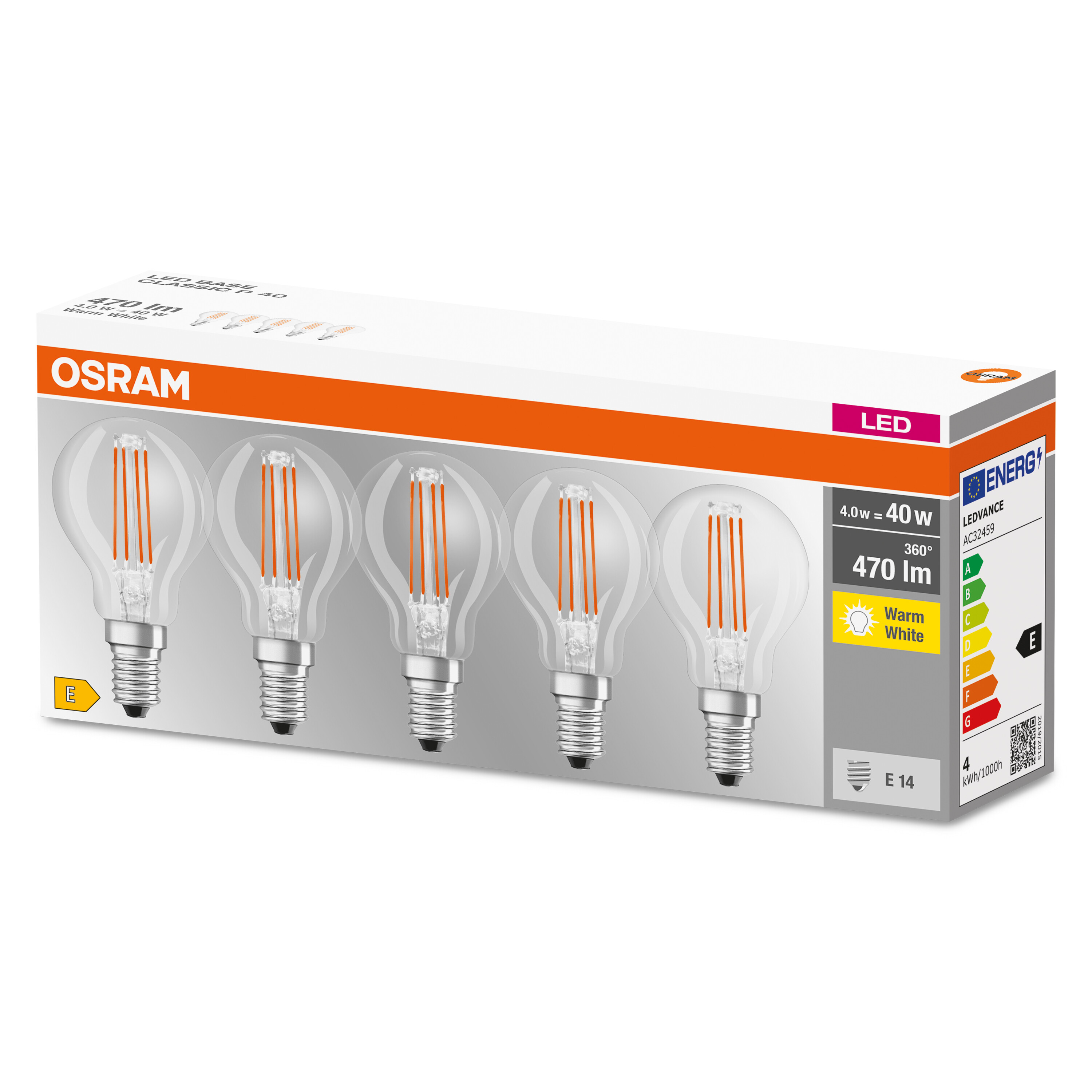 Une boîte de cinq ampoules LED avec une lueur blanc chaud et des informations sur l'efficacité énergétique.