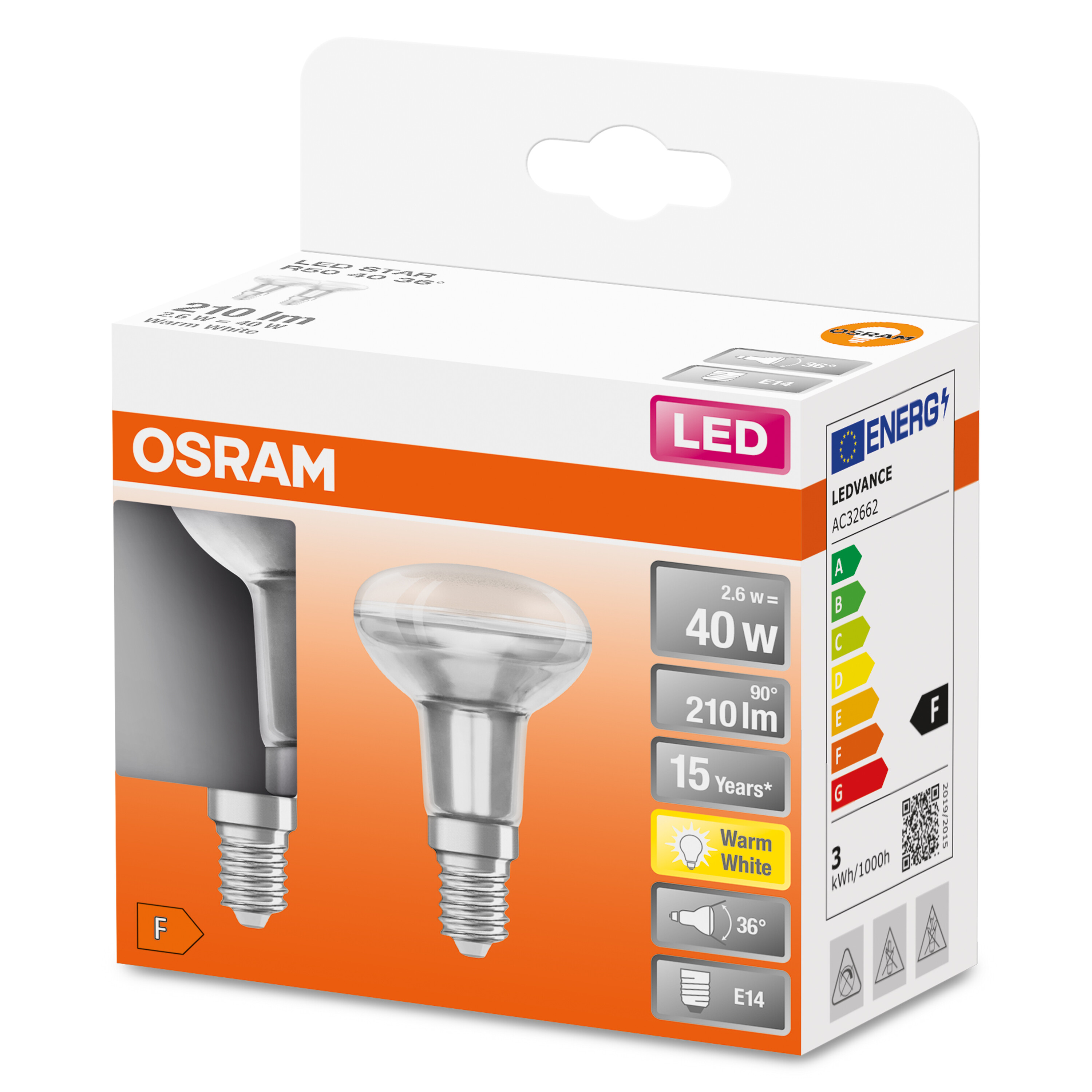 Lampe ° 36 OSRAM  Lumen W/2700 LED 2.6 210 R50 40 STAR E14 LED Warmweiß