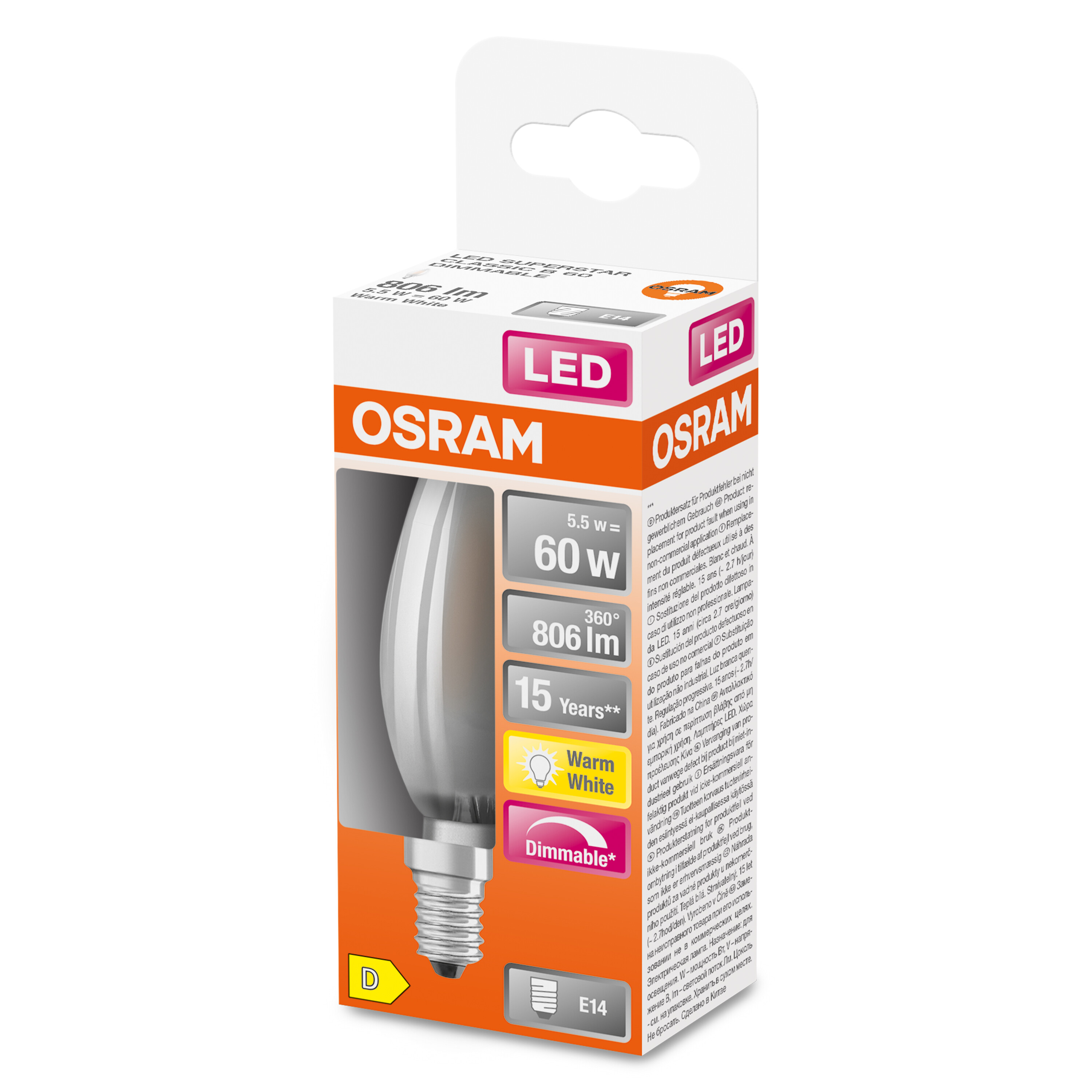 Una lampadina in una scatola con dettagli: LED, 5,5 W, equivalente a 60 W, dimmerabile, bianco caldo.