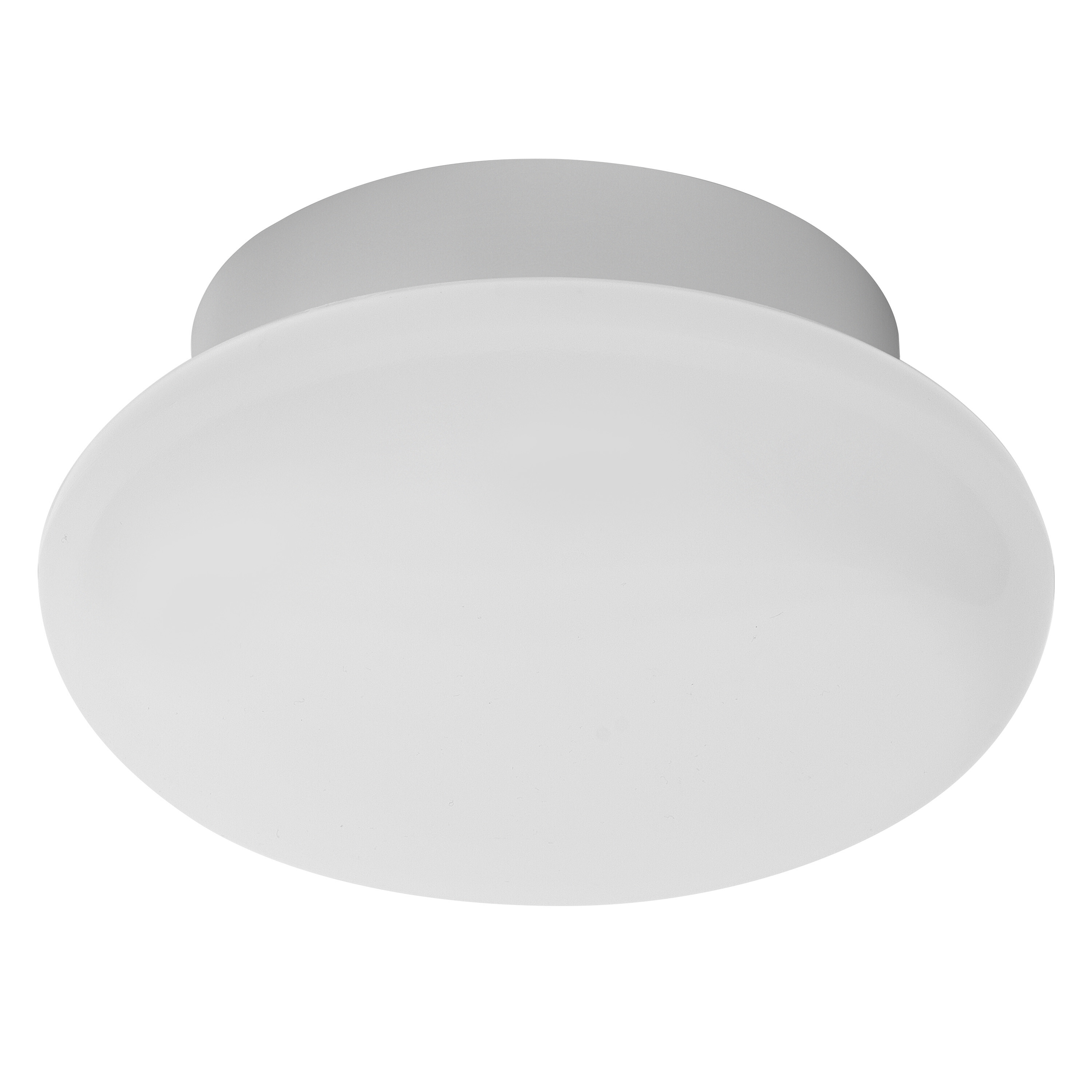 Luce da soffitto bianca, ovale, con base circolare grigia leggermente rialzata.