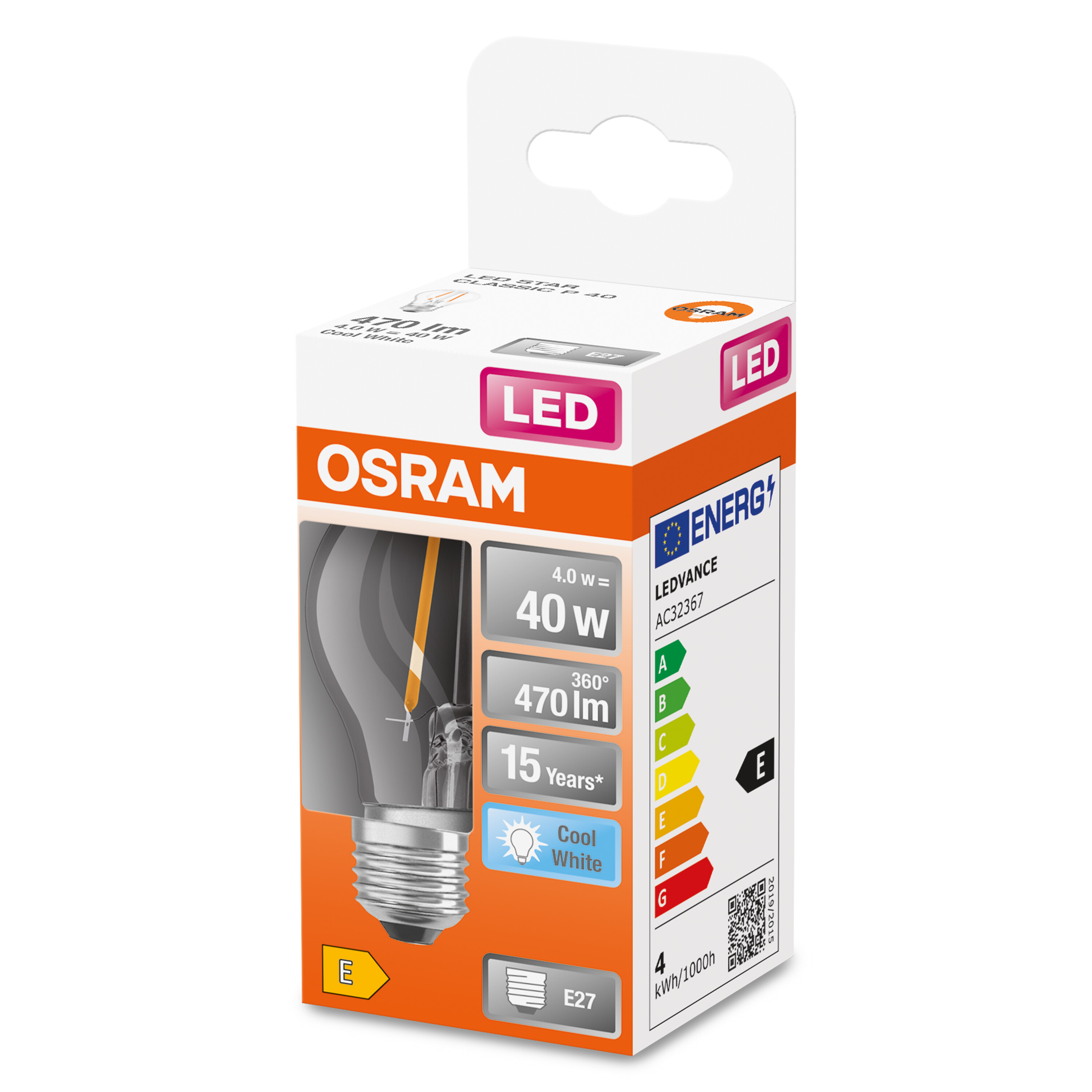 Glühbirnenkarton, weiß und orange. Text: OSRAM LEDVANCE, 40W, 470 lm, 15 Jahre.