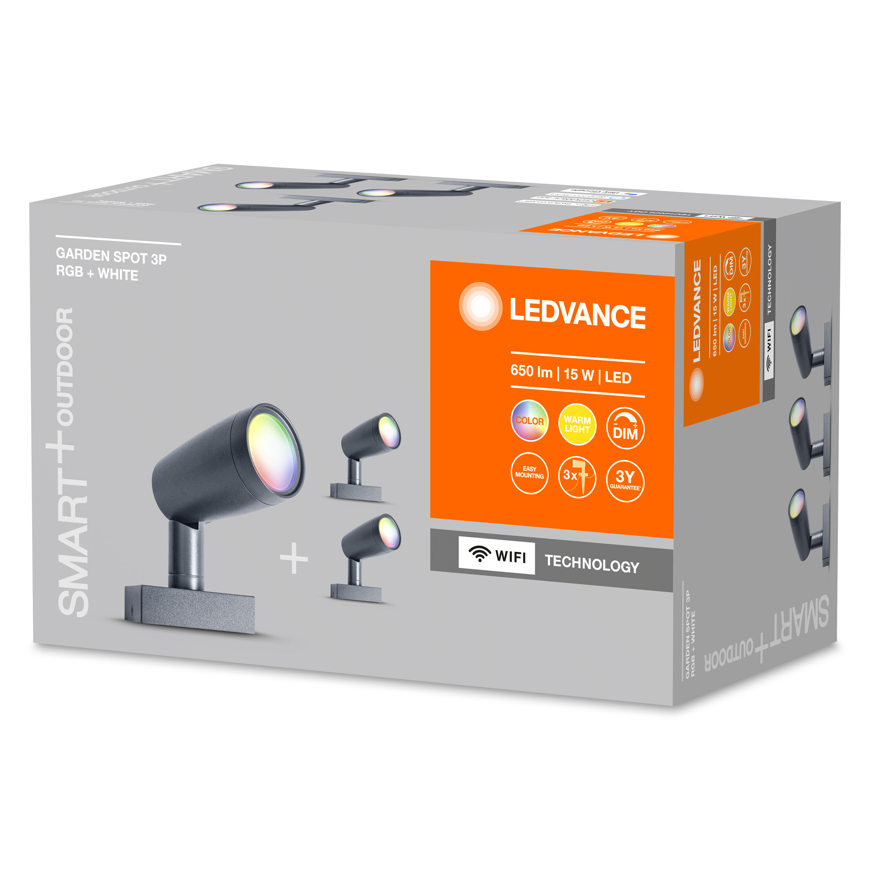 LEDVANCE Smart-Außenstrahler in einer Box, mit mehreren Strahlern sichtbar.