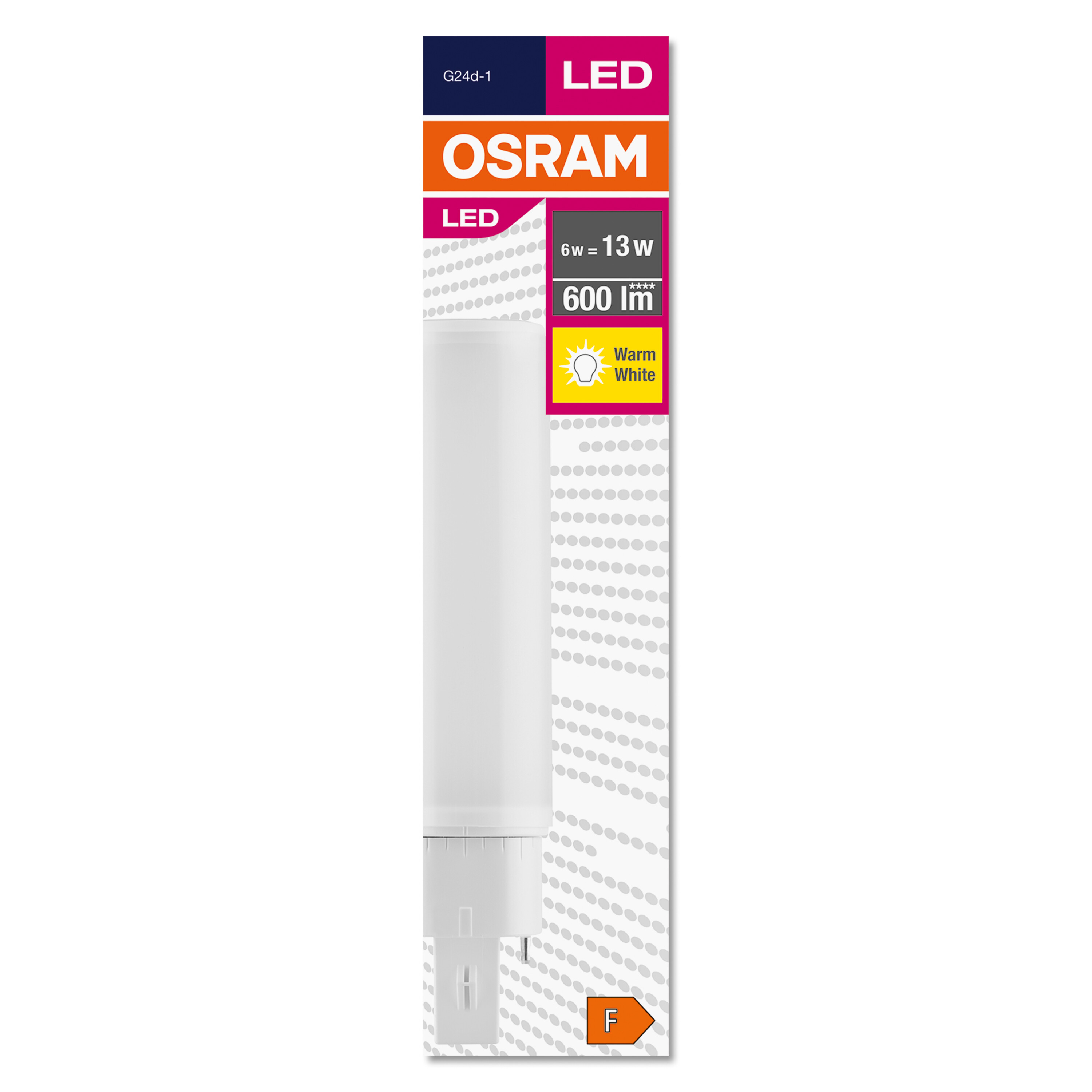 Eine Osram LED-Glühbirnenverpackung. Sie ist weiß mit einem transparenten Rohr und Text.