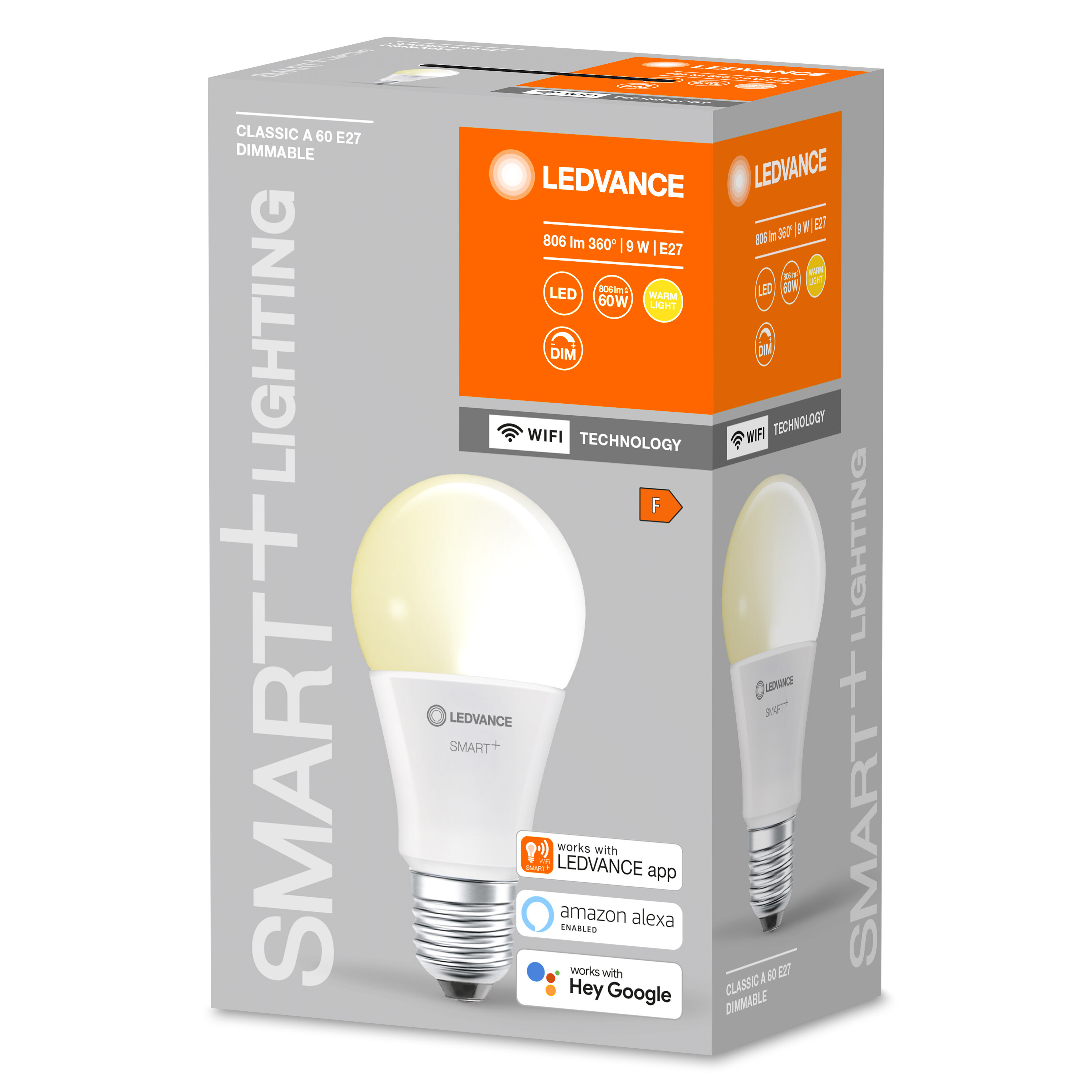 Lampadina bianca in scatola con funzioni di illuminazione intelligente. Sfondo bianco.