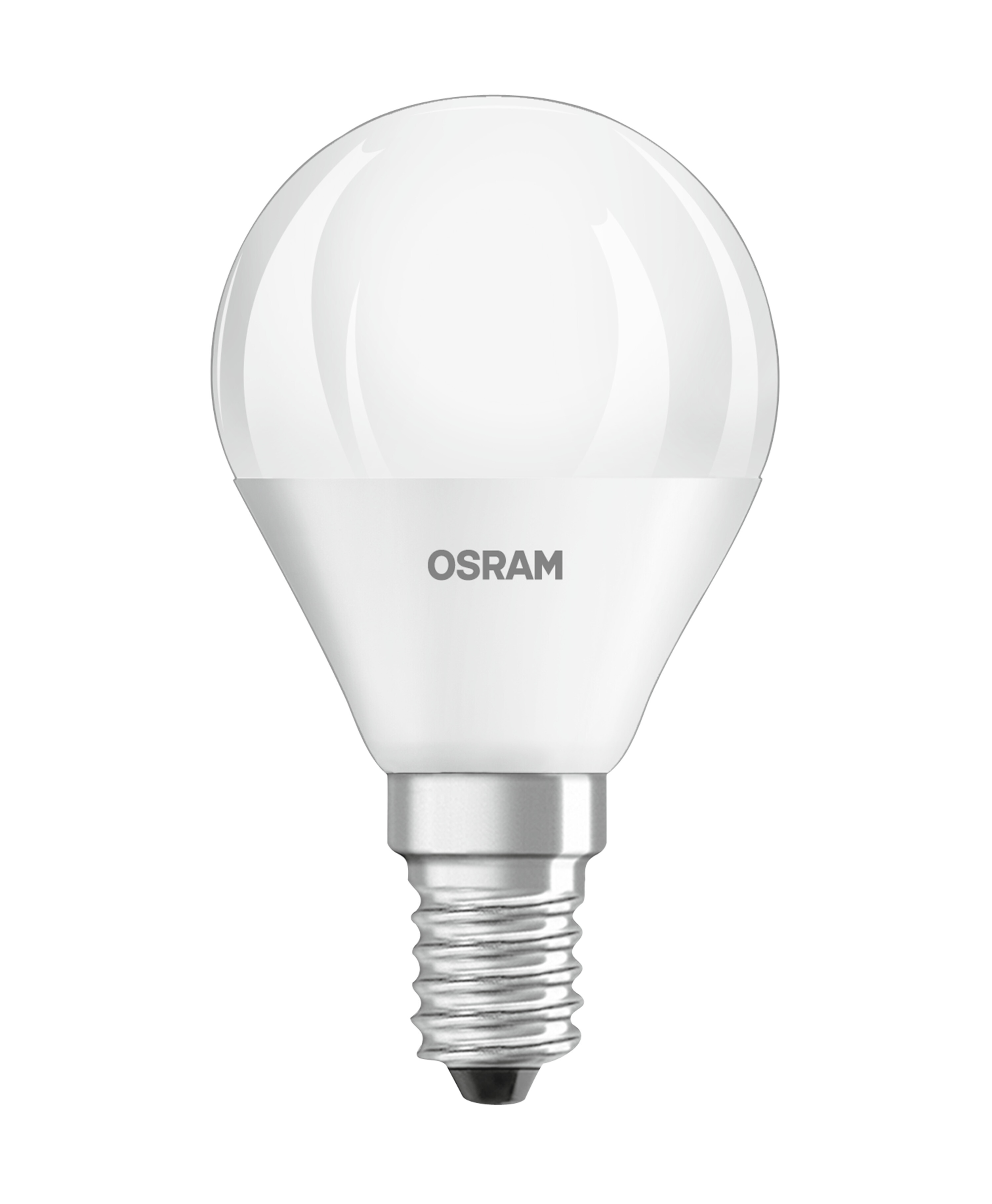 Weiße OSRAM LED-Glühbirne mit weißem Hintergrund. Die Glühbirne ist eingeschaltet.