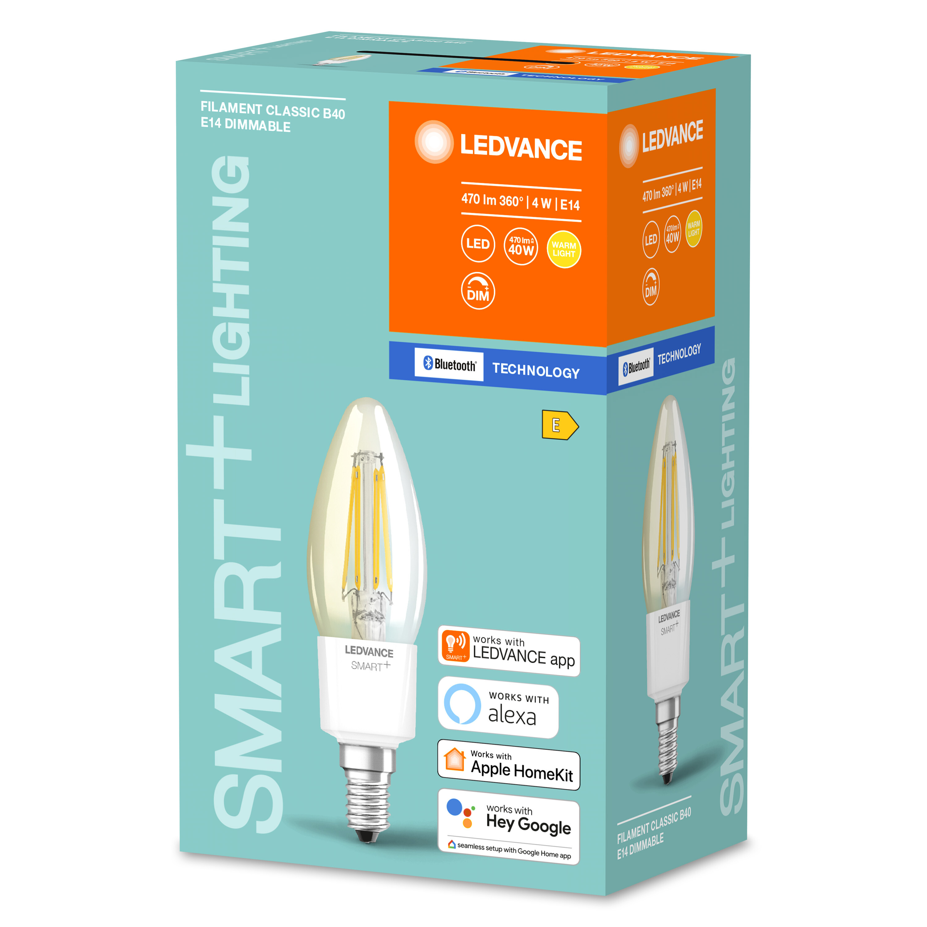 Eine Glühbirnenbox mit einer Glühbirne darin. Auf der Schachtel steht Smart Lighting und Ledvance.