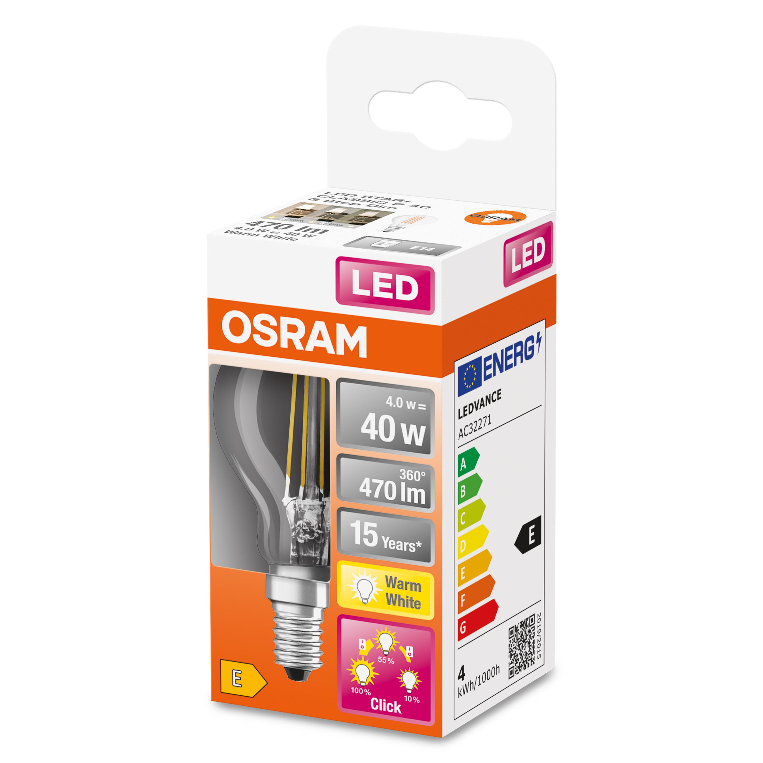 OSRAM LED-Glühbirne in Verpackung. Verpackung zeigt Spezifikationen, einschließlich Watt, Lumen und Energieeffizienz.