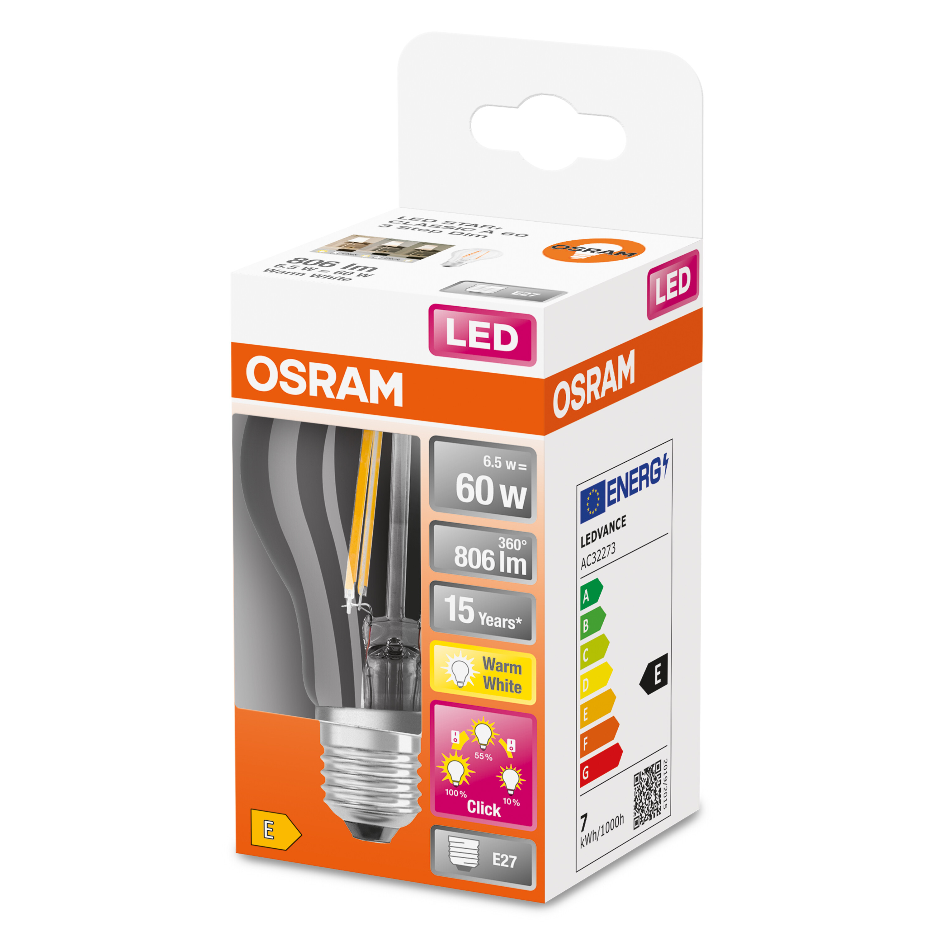 Una scatola di lampadine mostra una lampadina. La scatola ha uno sfondo bianco e mostra le specifiche e la classificazione energetica della lampadina.
