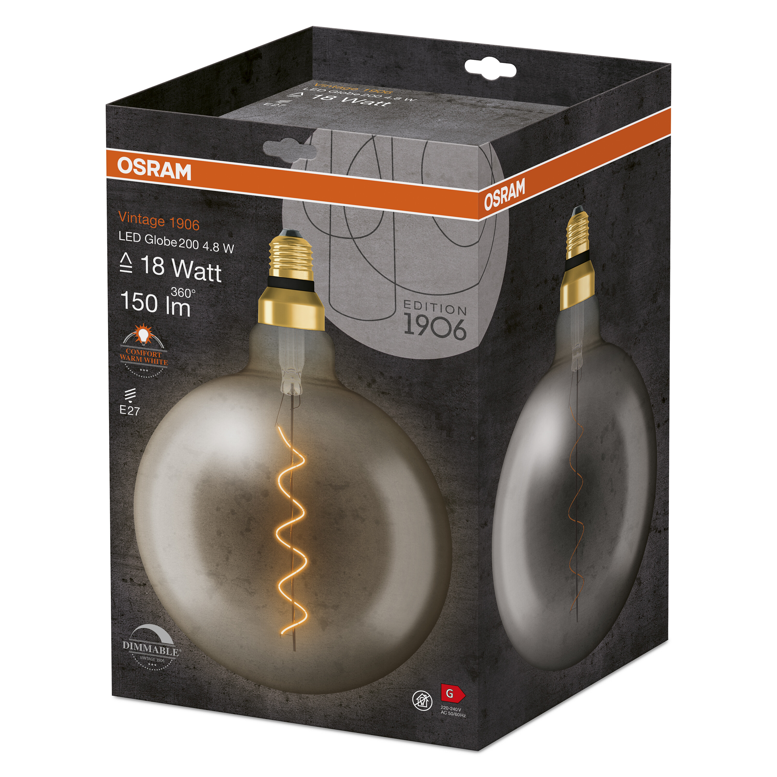 Eine Glühbirne in einer Schachtel mit Branding. Die Glühbirne ist rund mit einem Wendel-Filament. Die Box ist grau.