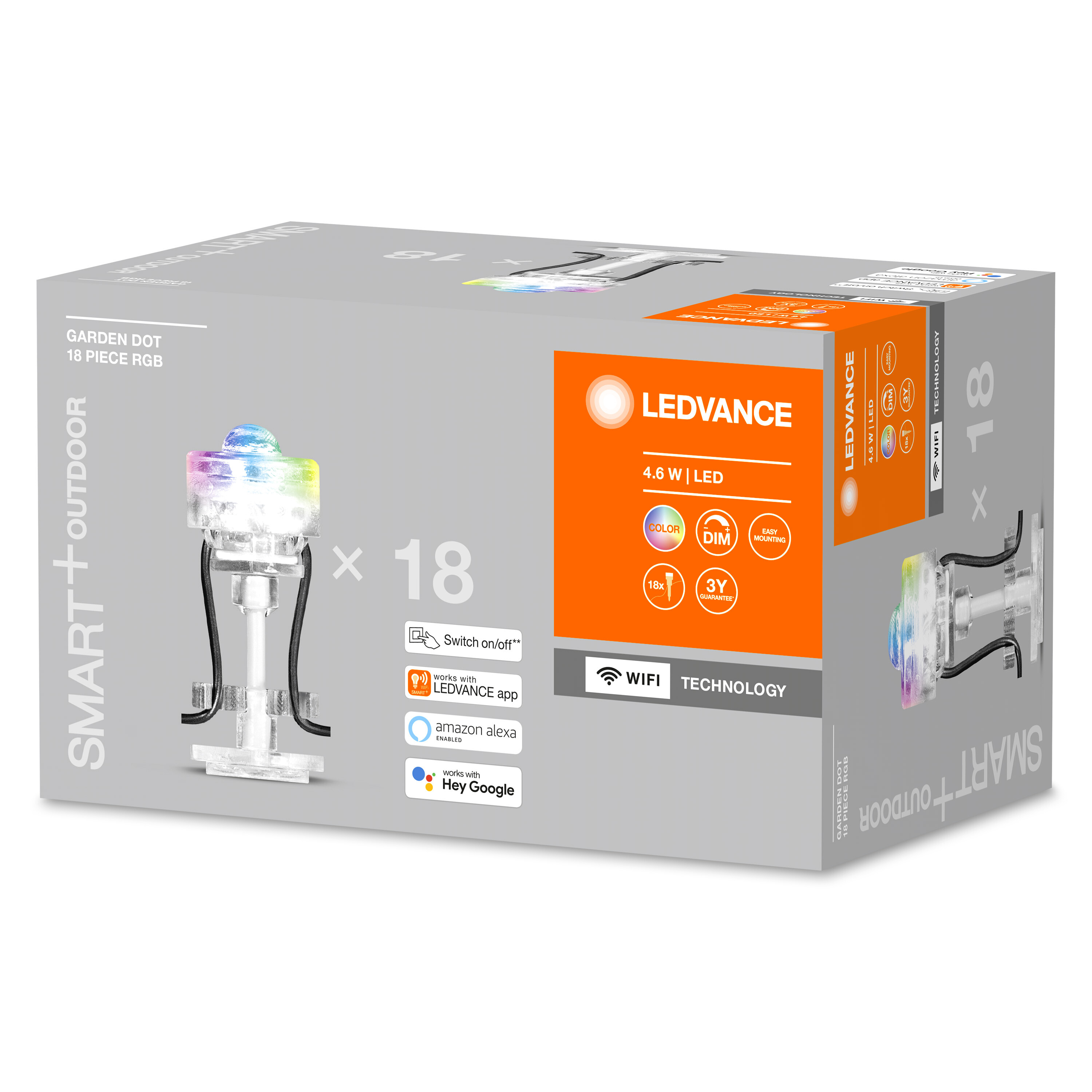 Luci LEDVANCE intelligenti per esterni in una scatola. Le luci hanno la forma di una piccola lampada.