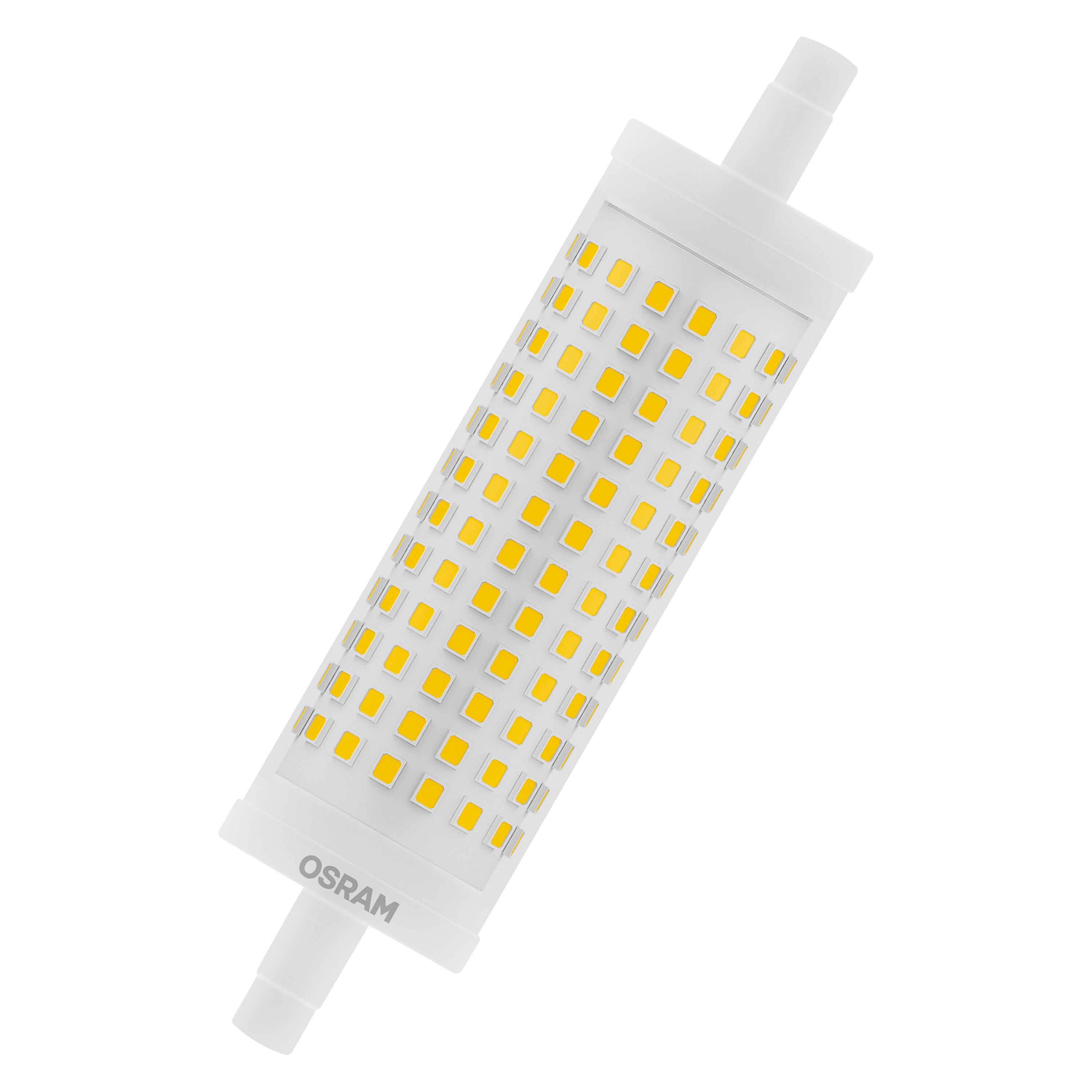 Weißes, rechteckiges LED-Licht mit gelbem Licht. OSRAM-Logo. Weißer Hintergrund. Schräge Ansicht.