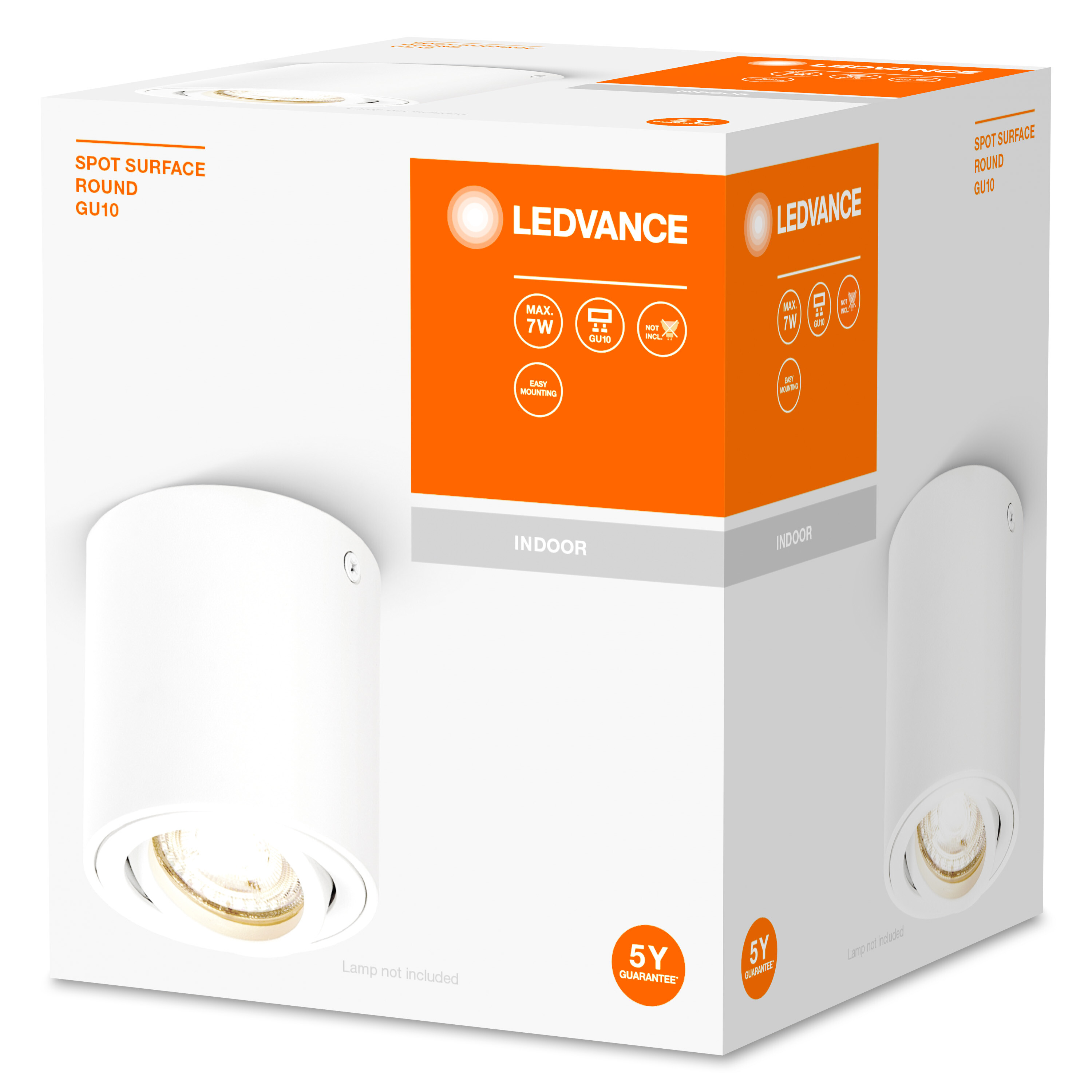 Weiße LEDVANCE Indoor-Spotlight-Box mit Produktdetails und weißem Hintergrund.