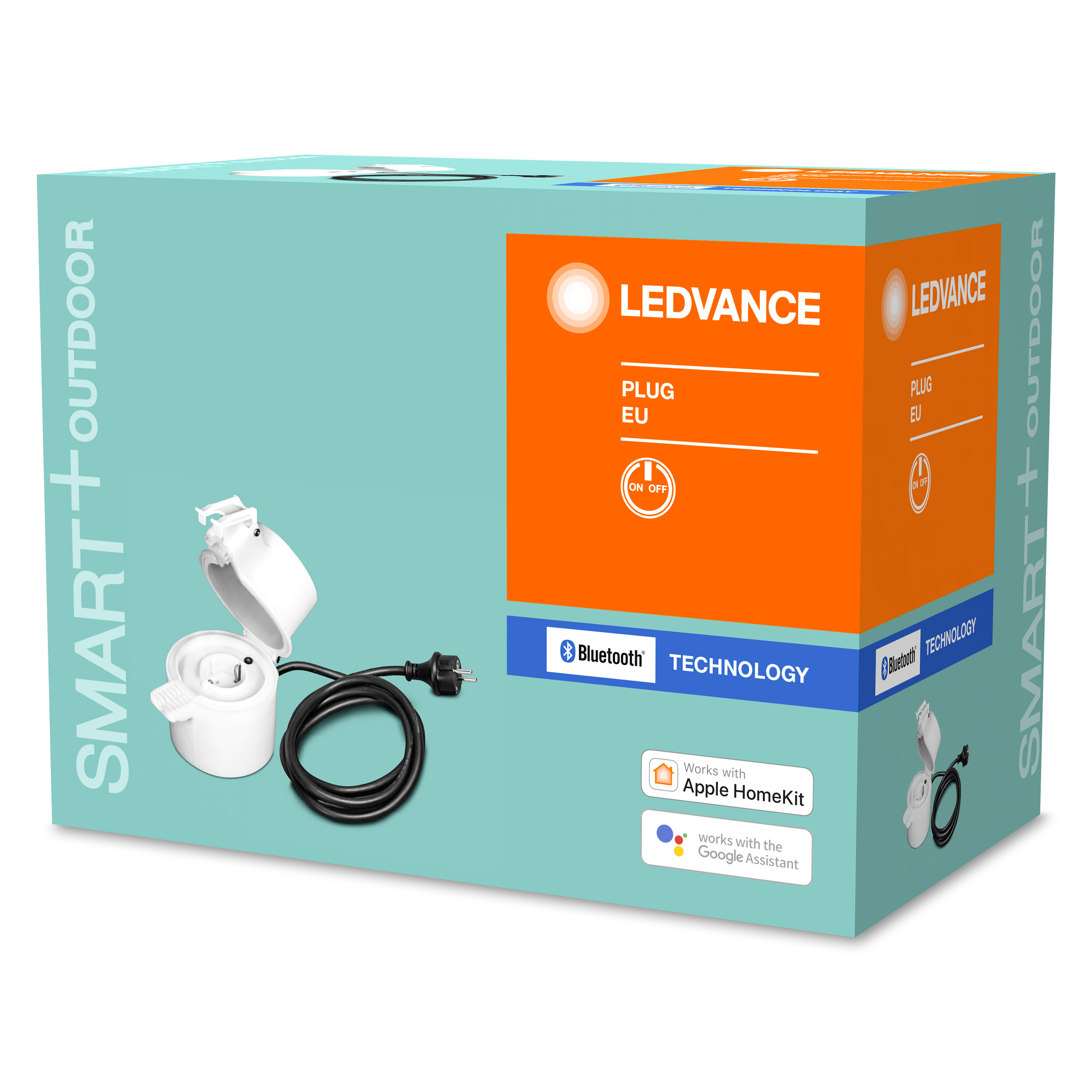 LEDVANCE intelligente Outdoor-Steckdosenbox. Weiße Box mit Produktdetails und schwarzem Stecker.