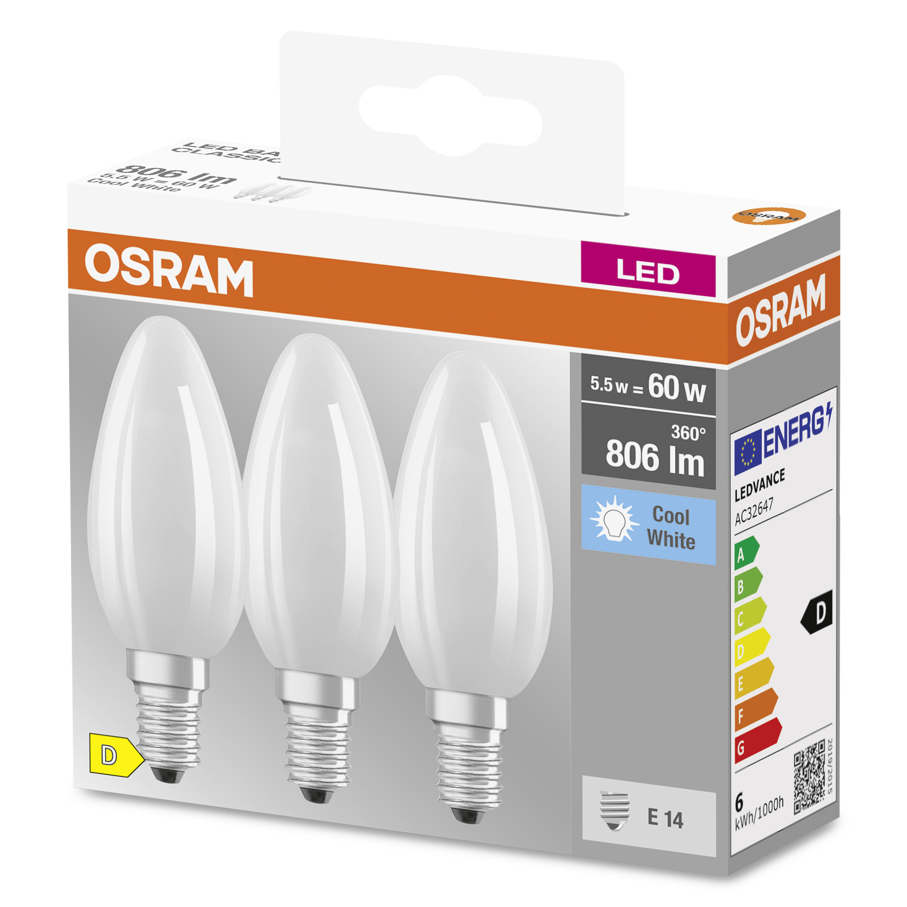 Schachtel mit drei weißen Glühbirnen. Das Etikett sagt OSRAM und LED.