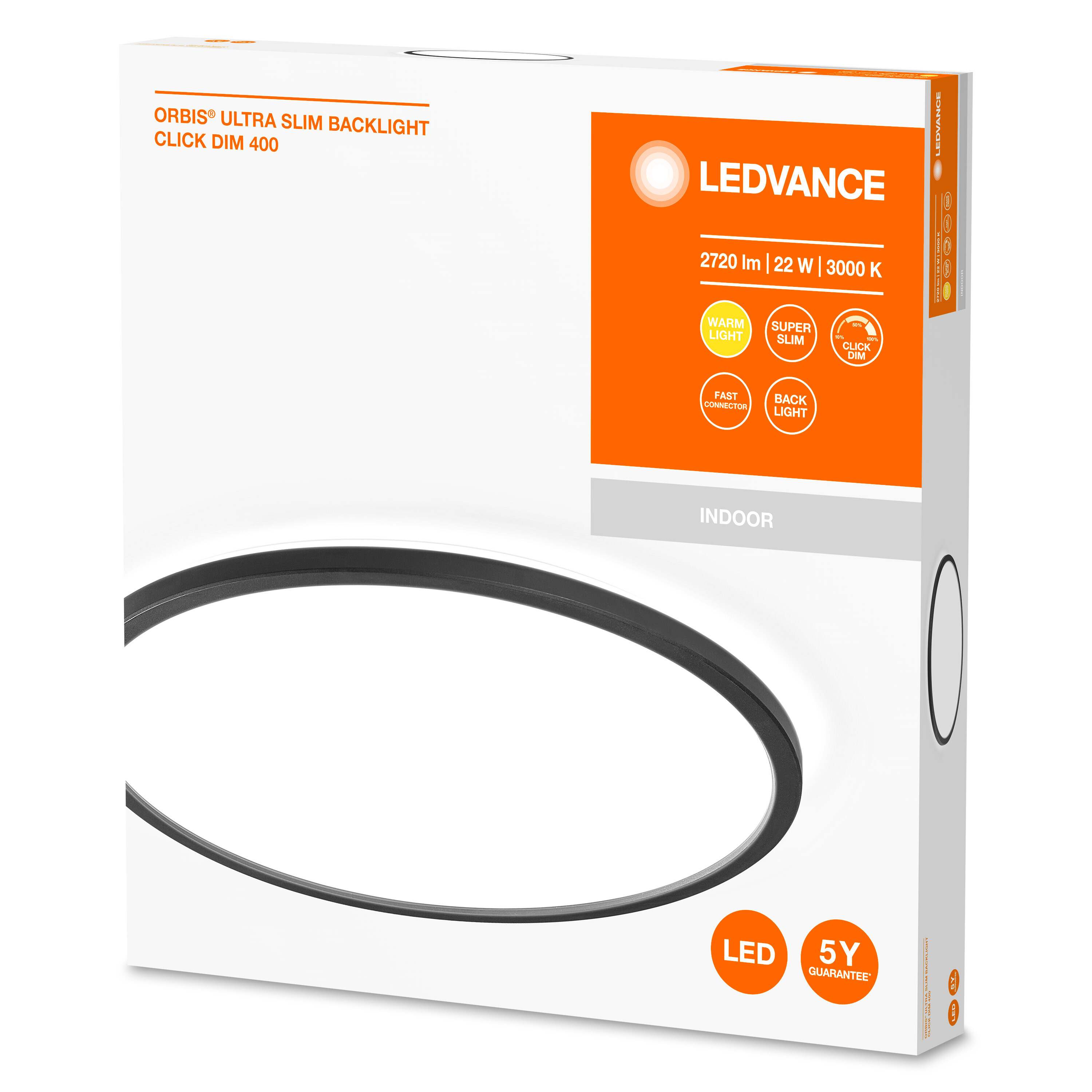 Une boîte blanche avec un cercle noir et du texte, LEDVANCE.