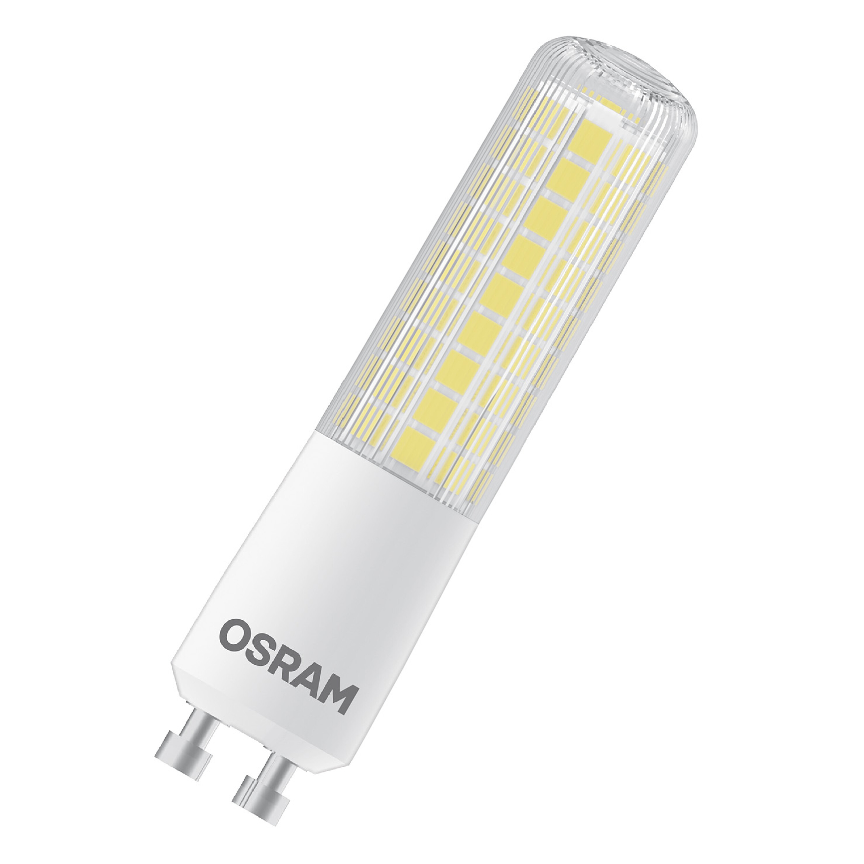 OSRAM LED-Glühbirne, rechteckige Form, mit weißem Sockel und gelbem Licht.