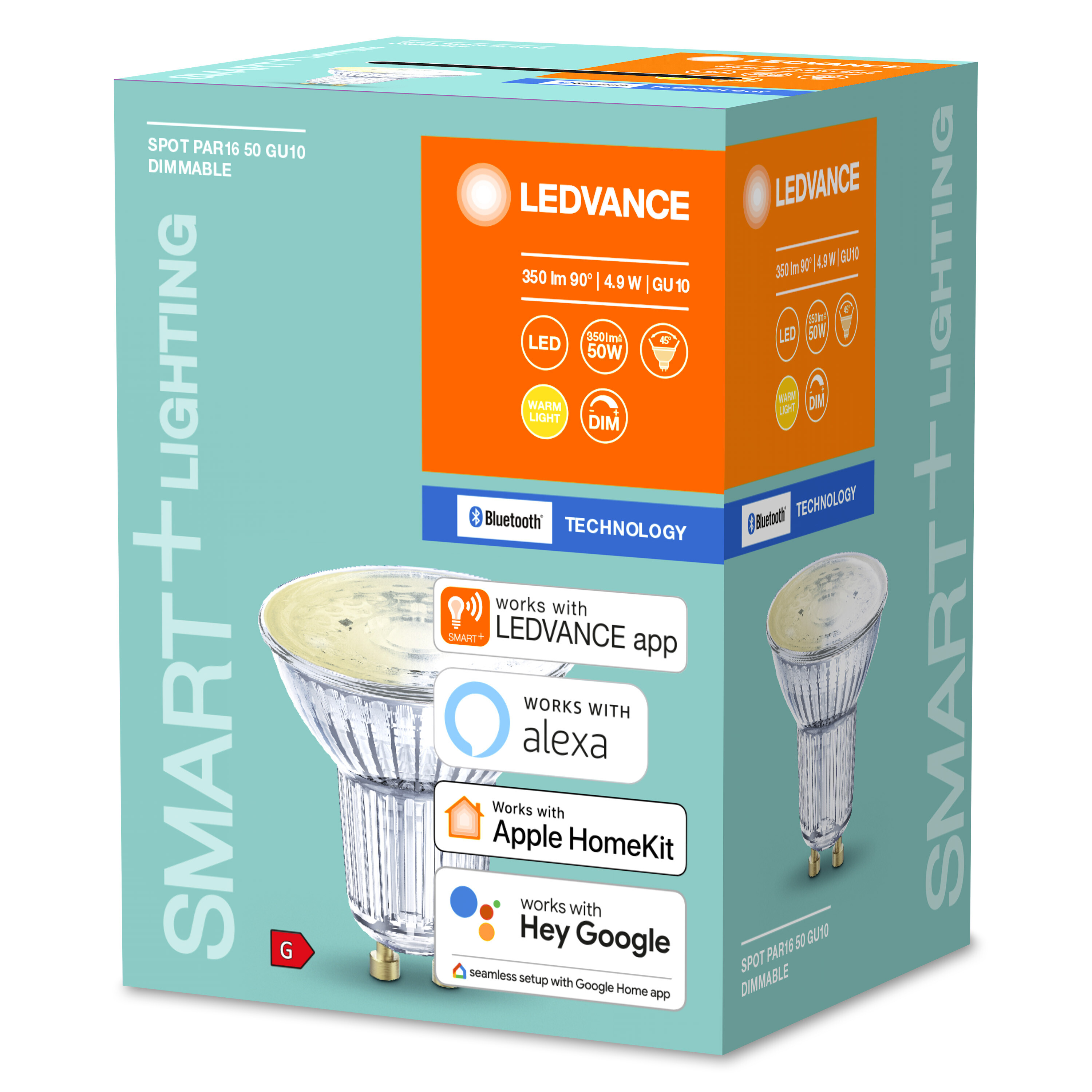 Scatola di illuminazione intelligente dimmerabile. La scatola mostra una lampadina e i loghi di Alexa e Google Home.