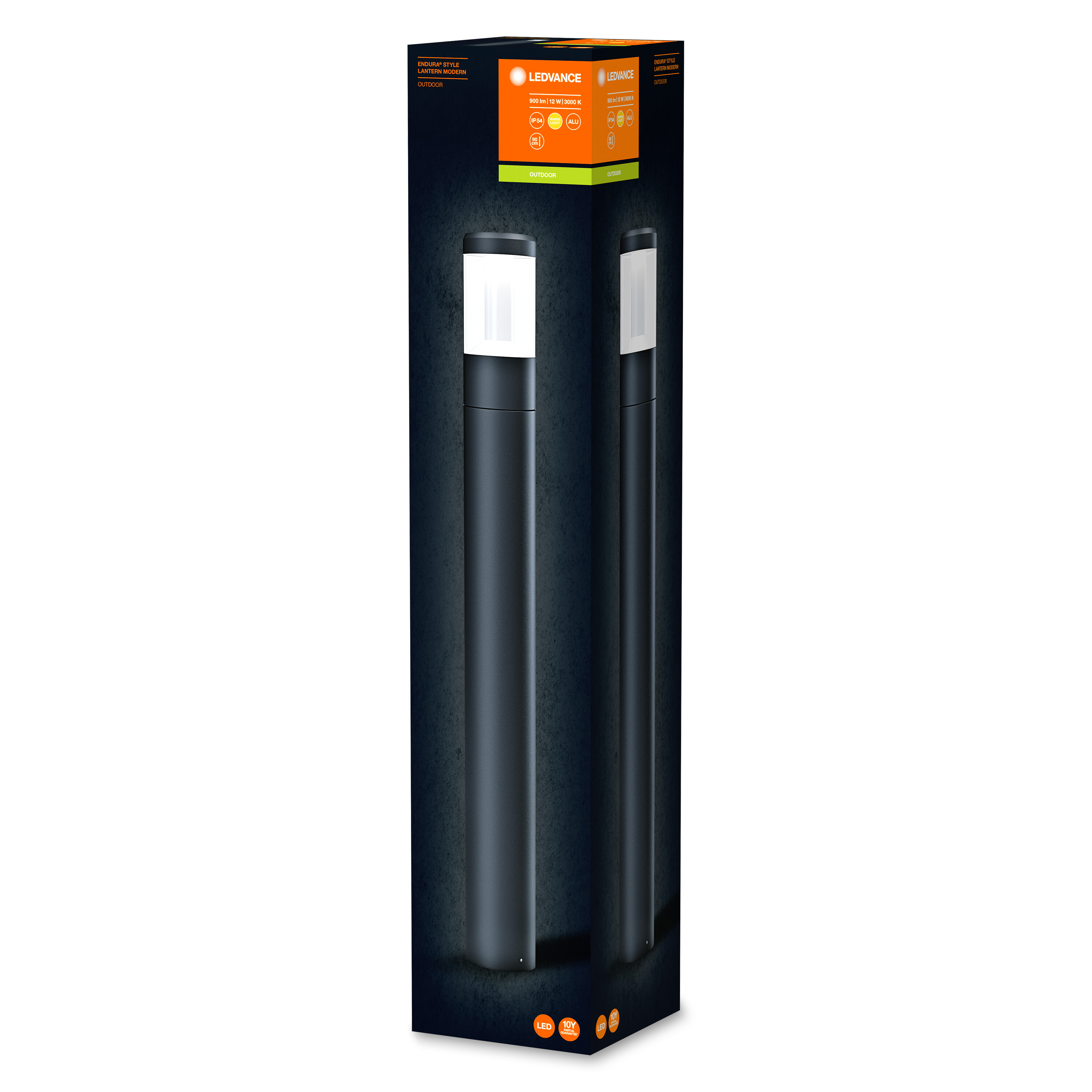 Ledvance Outdoor Smart Lampenbox. Die Box ist grau, hat das Lampenbild darauf. Die Lampe ist schwarz und weiß.