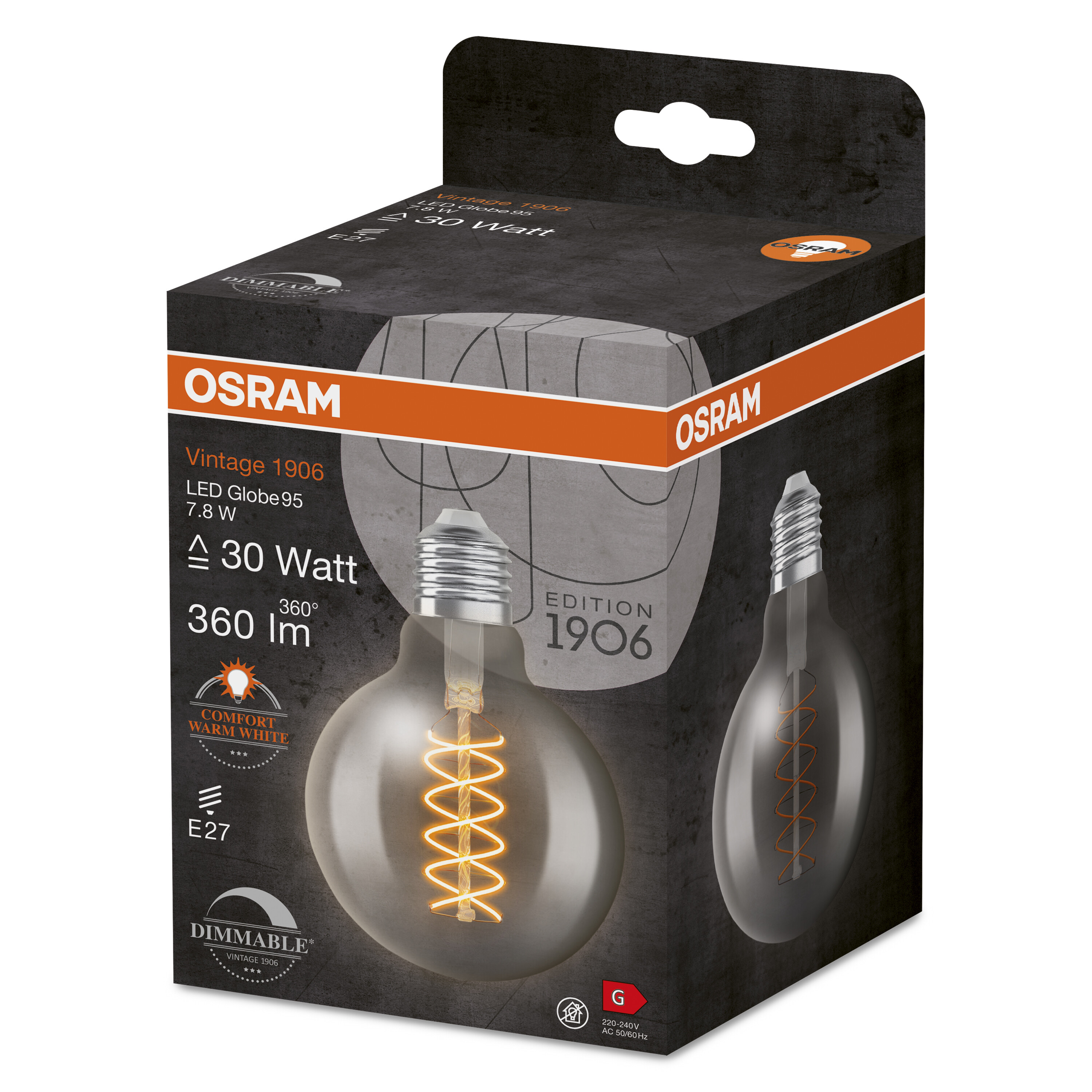 Une boîte de produit pour une ampoule globe LED Osram Vintage 1906. Montre l'ampoule avec un filament en spirale.