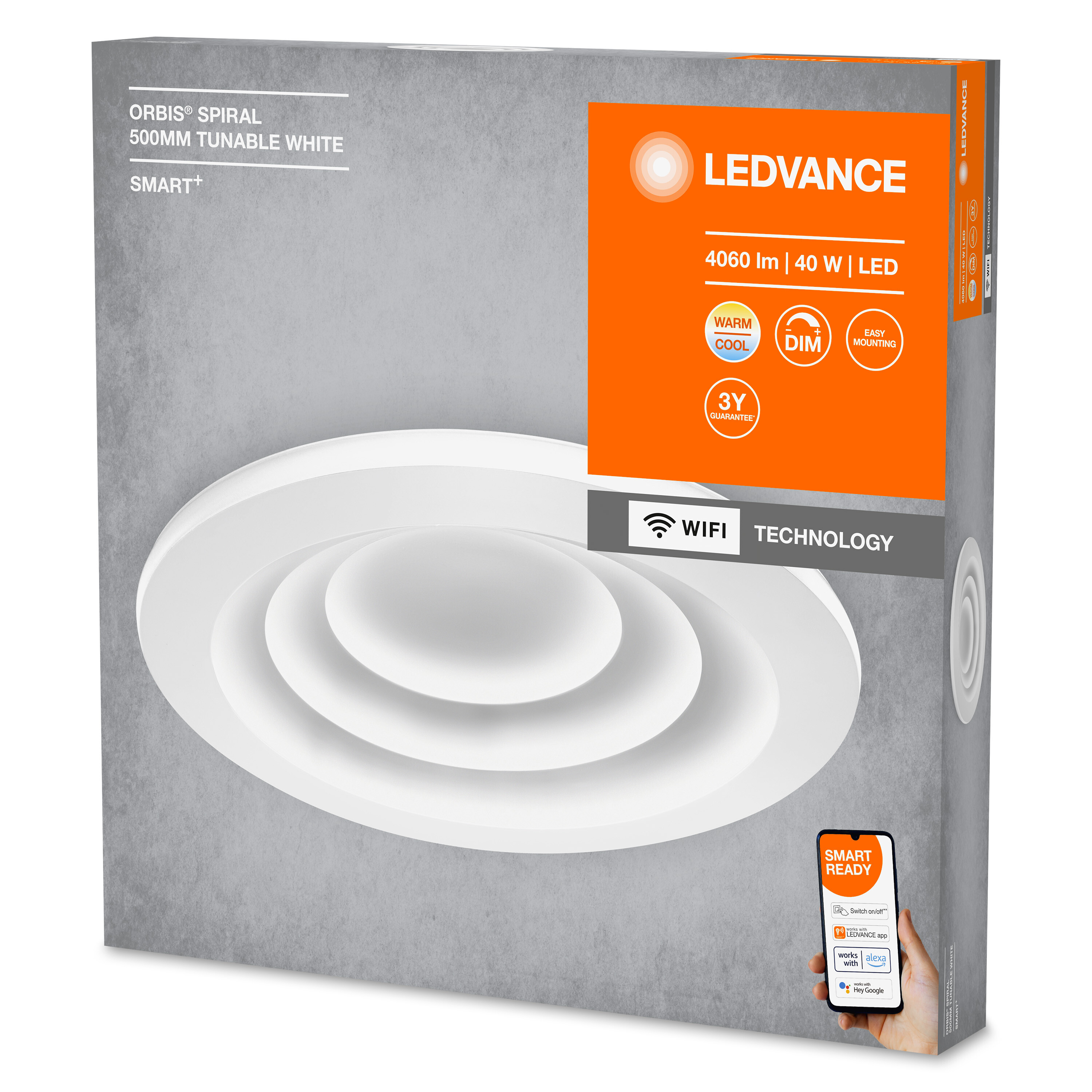 Luce LEDVANCE bianca in scatola. Dettagli sulla scatola, smart ready e telefono con app.