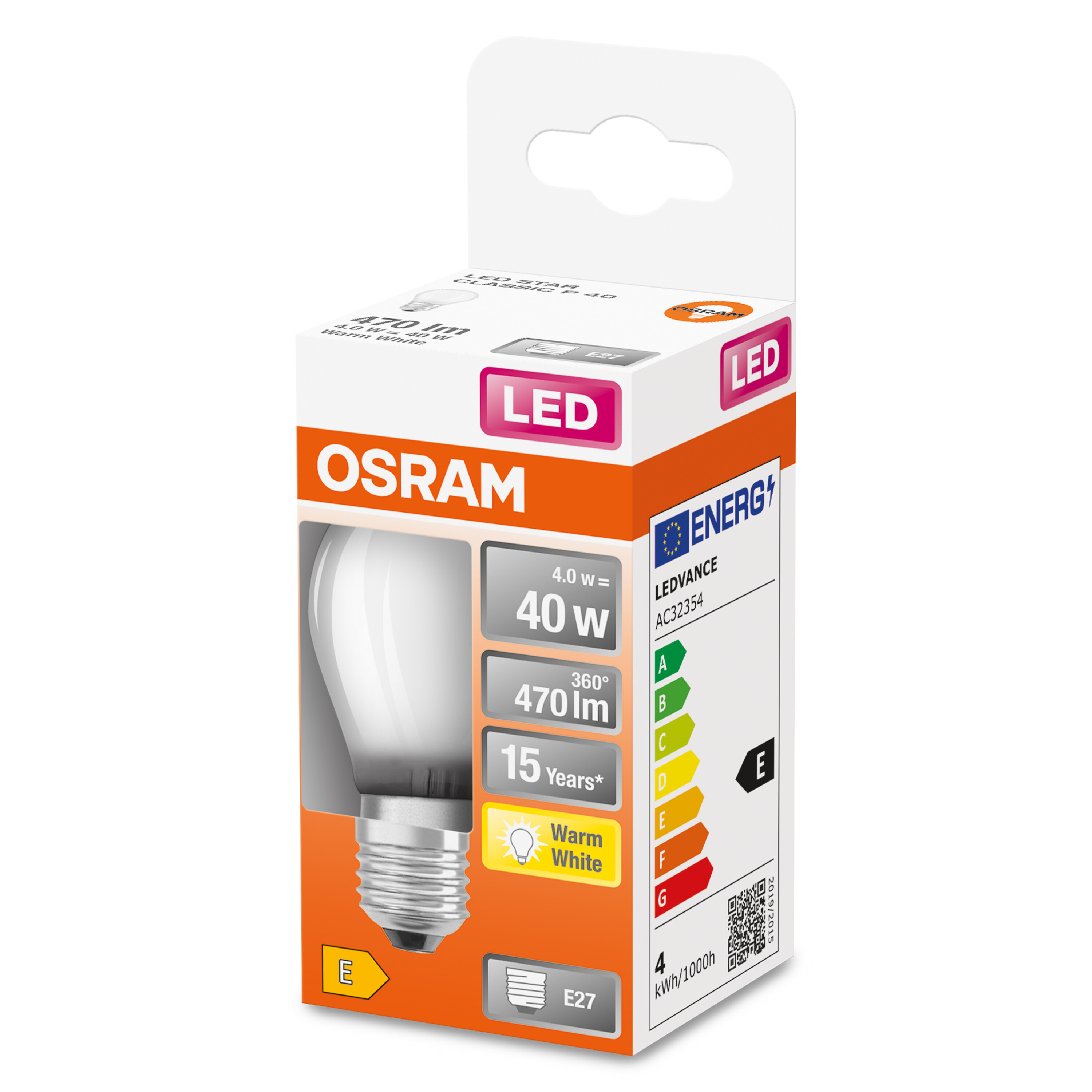 Eine weiße und orangefarbene Schachtel einer Osram LED-Glühbirne. Die Glühbirne ist in der Schachtel abgebildet, die Spezifikationen werden angezeigt.