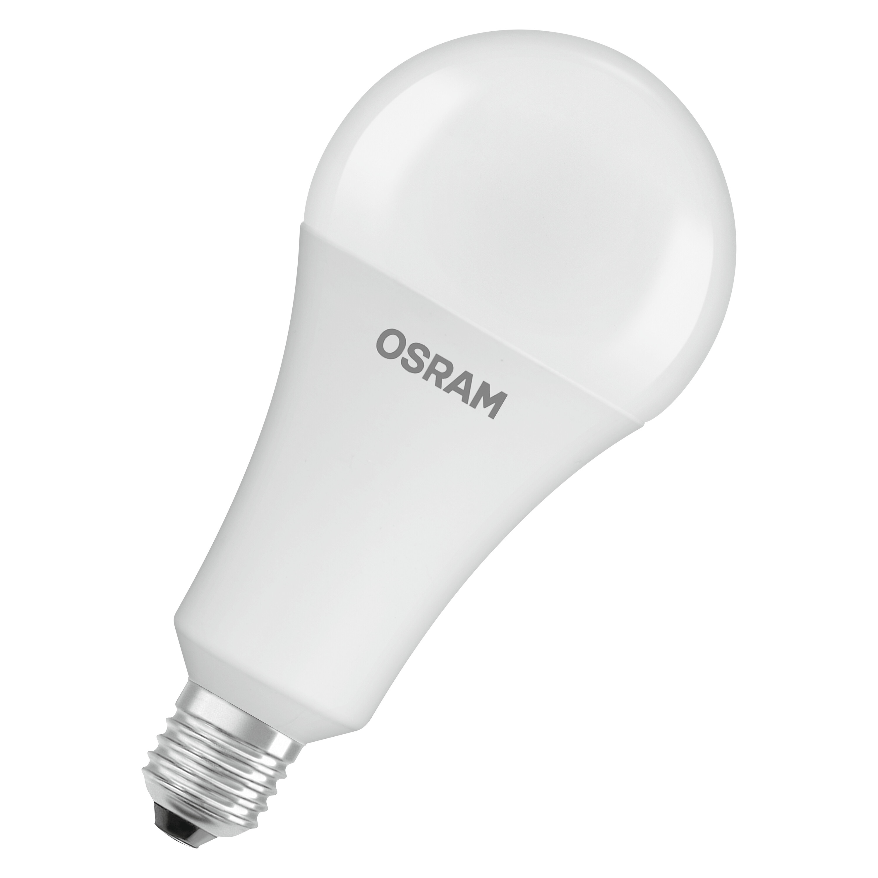 Una lampadina bianca con 'OSRAM' stampato sopra, su sfondo bianco.