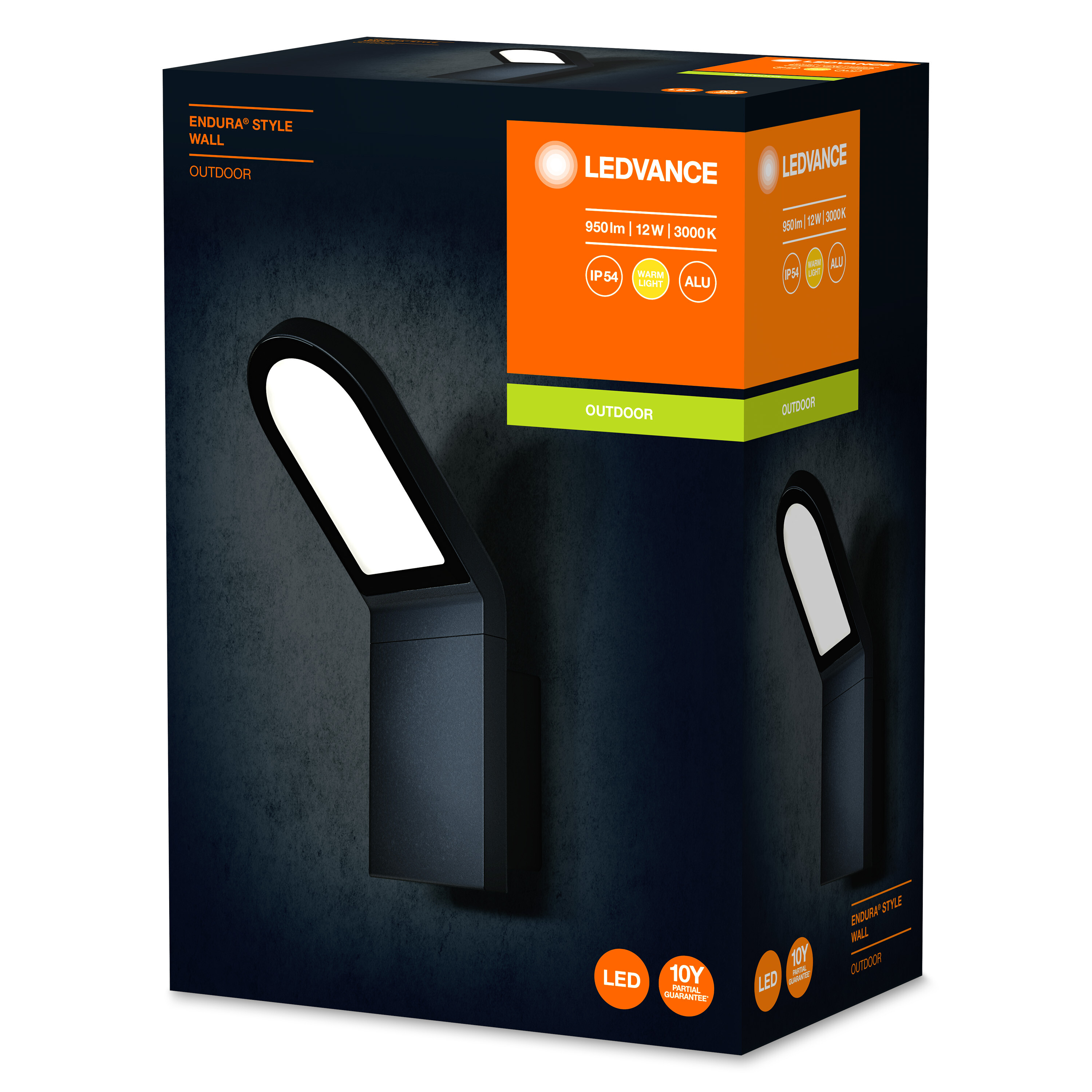 Schwarze Außenwandleuchte in Verpackung. Die Box zeigt Produktdetails und eine LED-Leuchte.