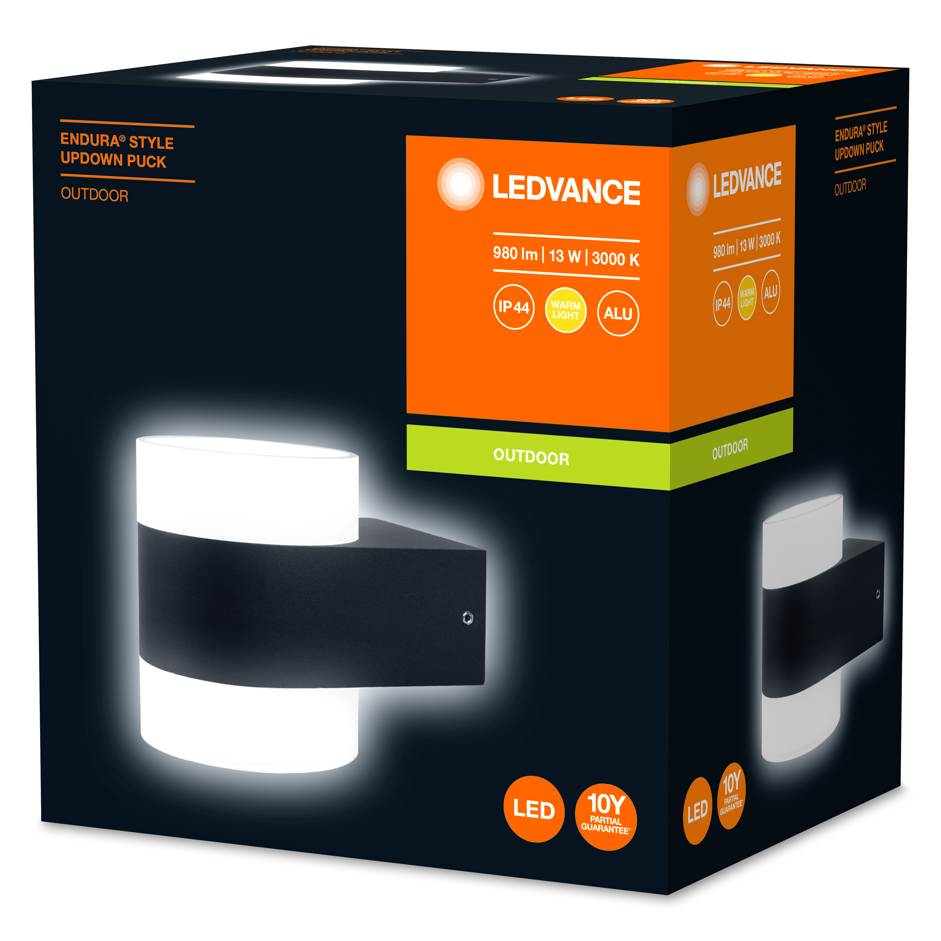Schwarze und orange LEDVANCE Außenwandleuchte mit Produktdetails.