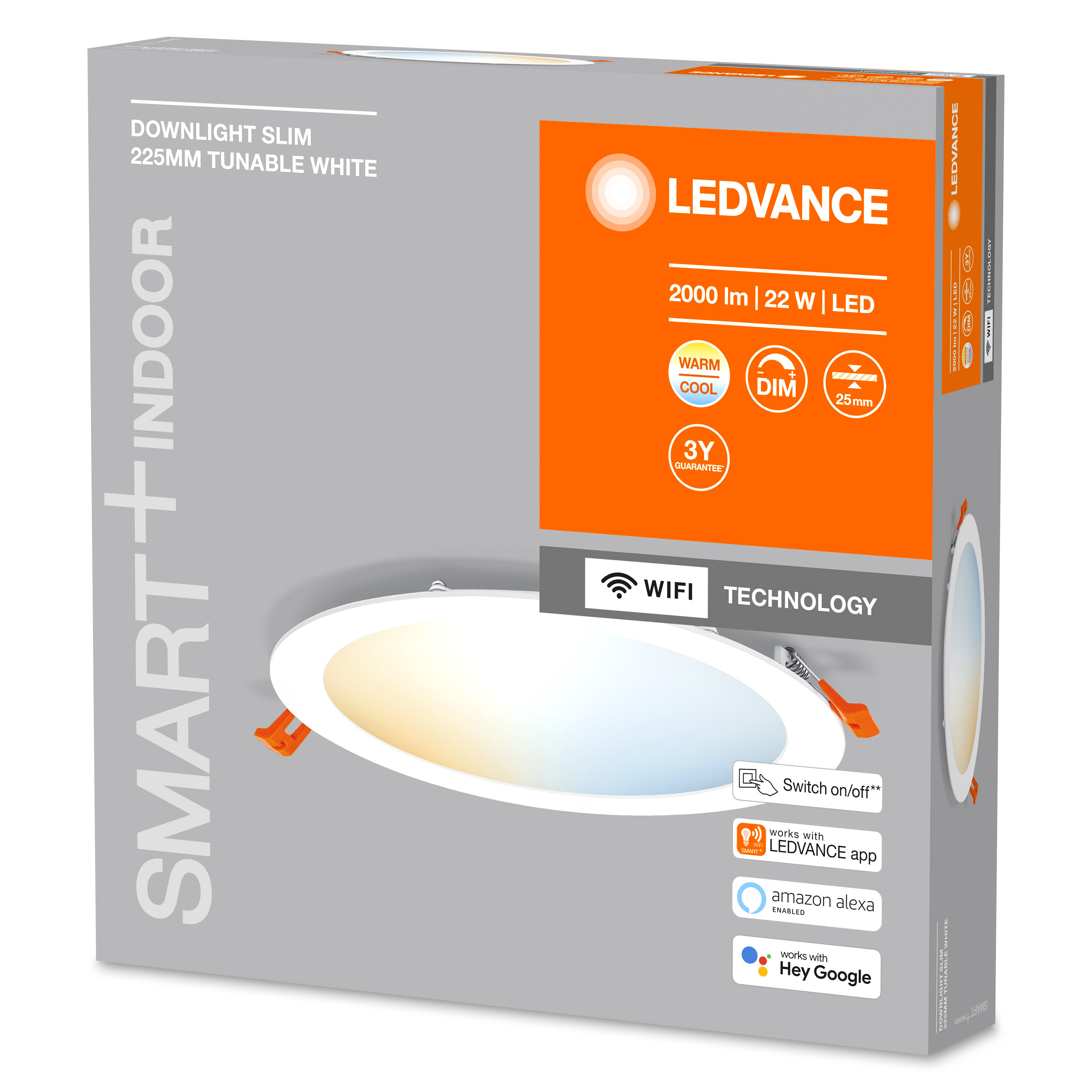 Karton einer Downlight. Text auf der Box lautet: Smart + Indoor, 225mm Tunable White, LEDVANCE.