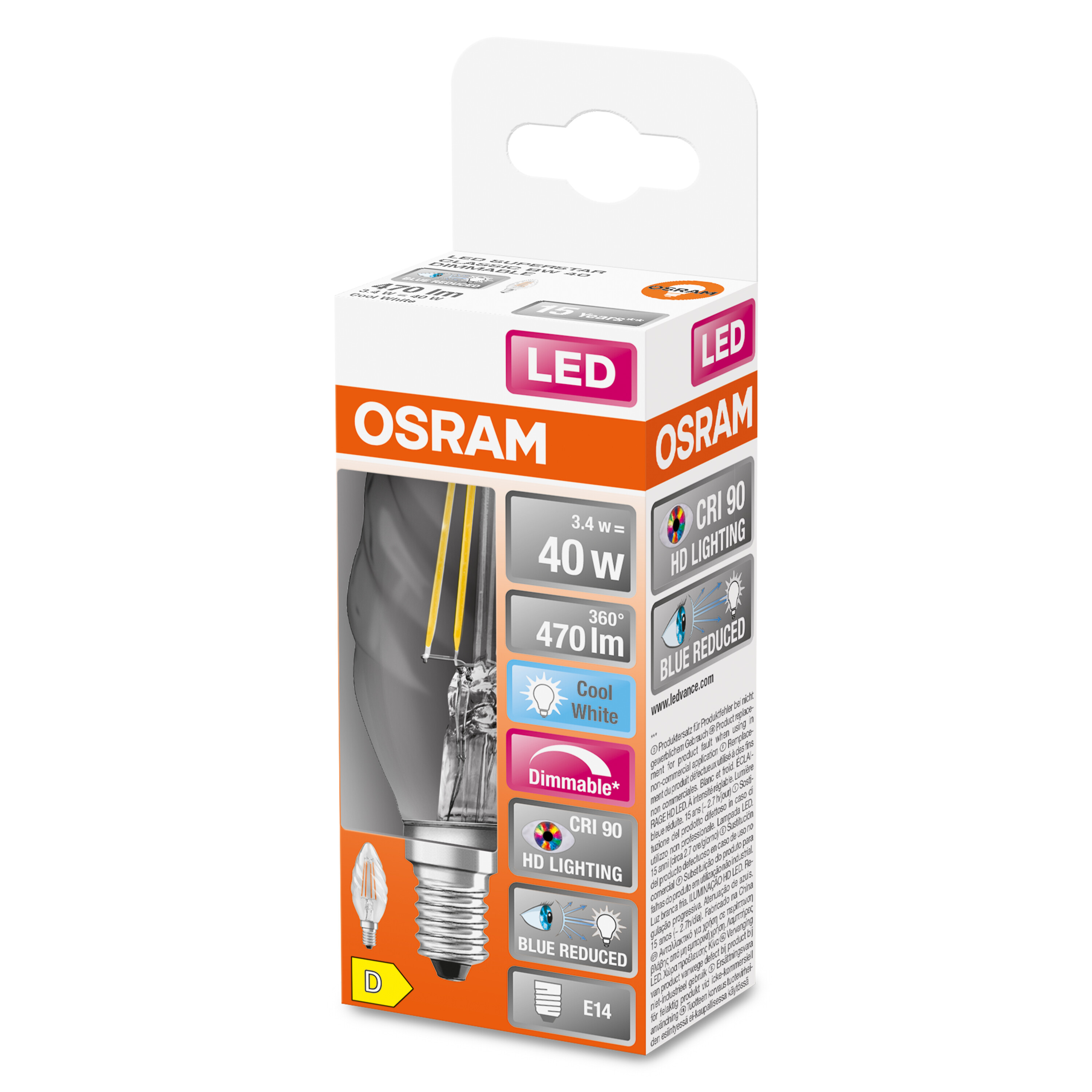 Eine LED-Glühbirne in einer Box mit Produktdetails und einer Nahaufnahme der Birne.