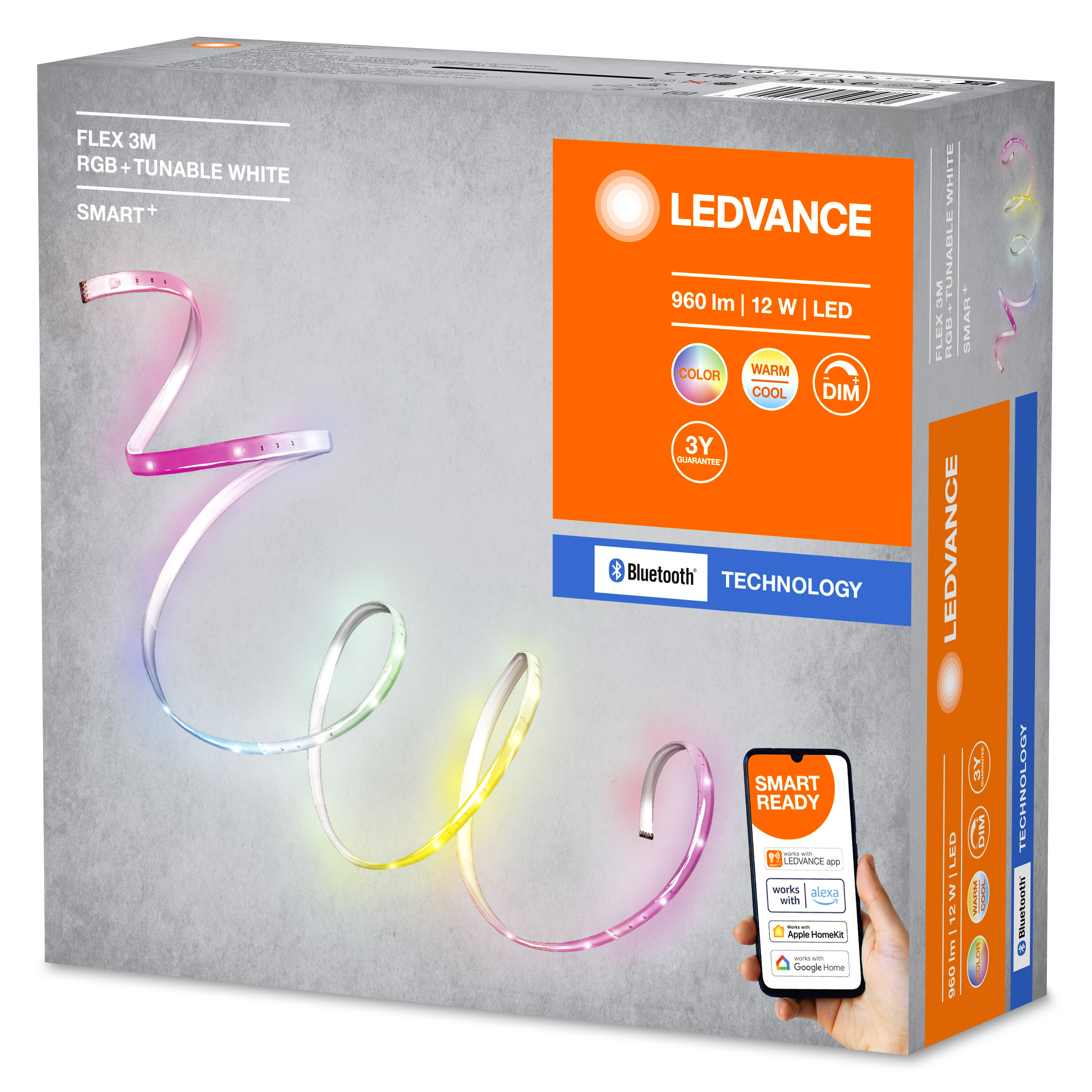 Box mit einem intelligenten Lichtband. Der Streifen ist weiß und rosa. Die Box hat das LEDVANCE Logo.
