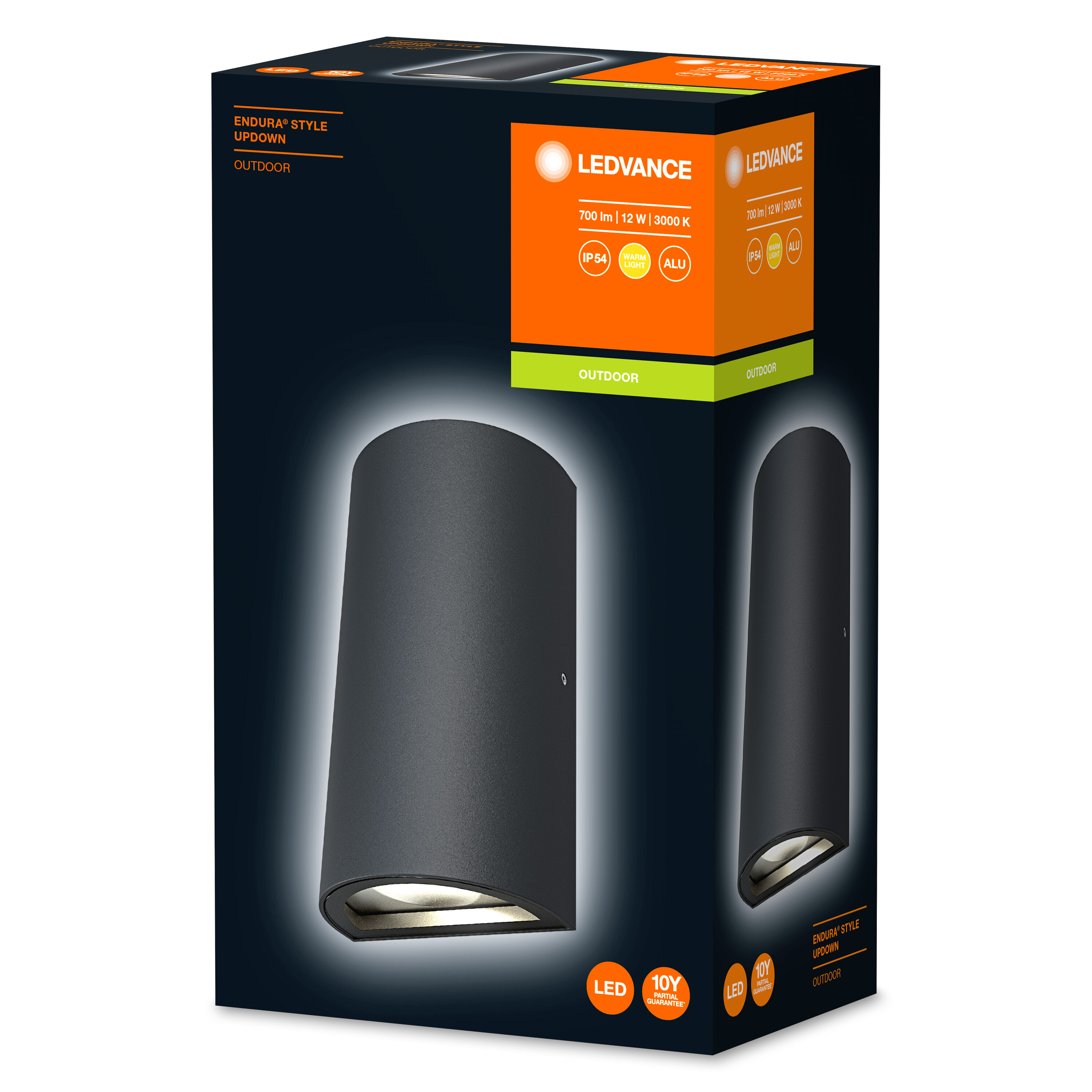 Verpackung für schwarze LED-Außenwandleuchte, zeigt Produktbild und Spezifikationen.