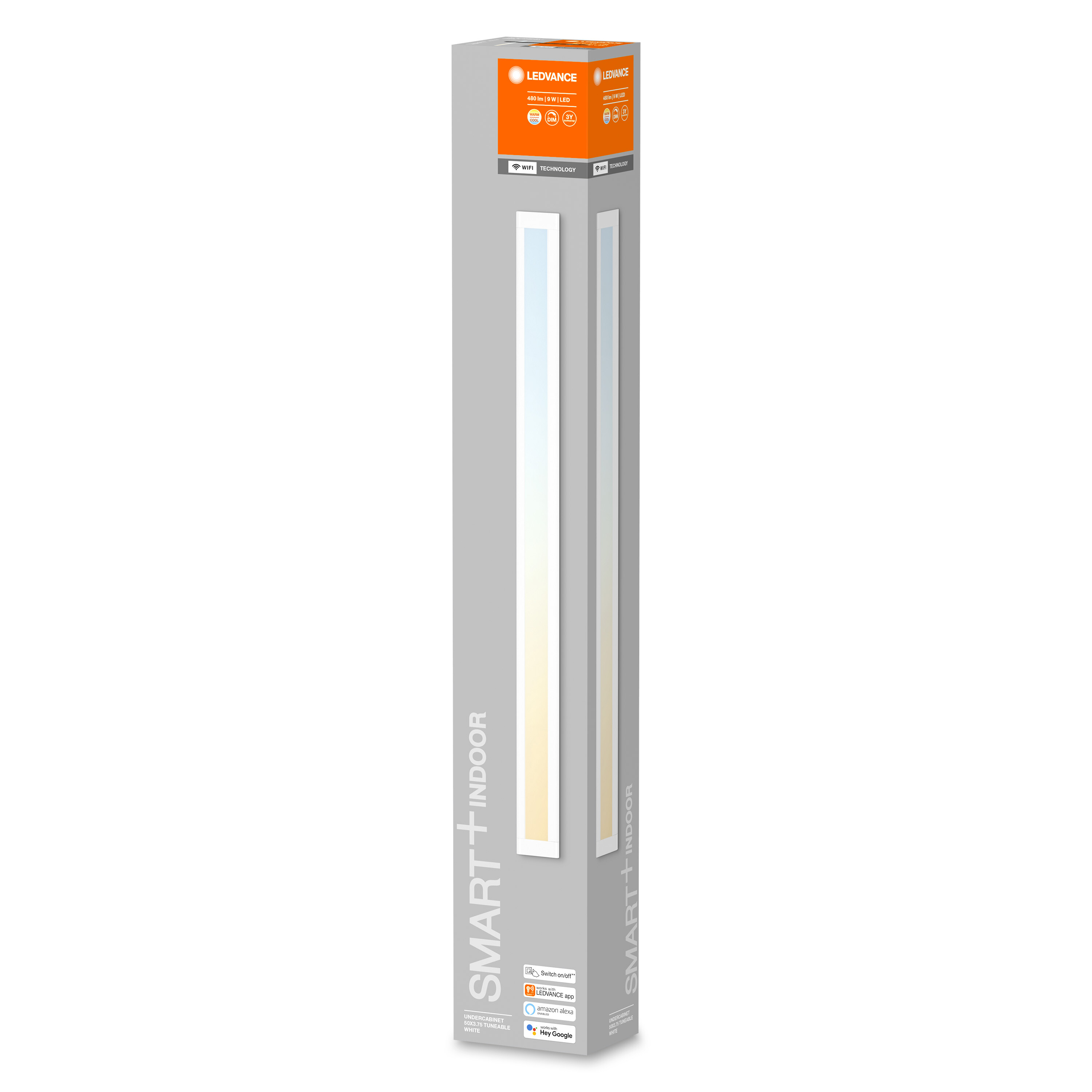 Hohe, schmale Schachtel für LED-Lichtleisten, mit der Marke LEDVANCE und Smart+ Indoor.