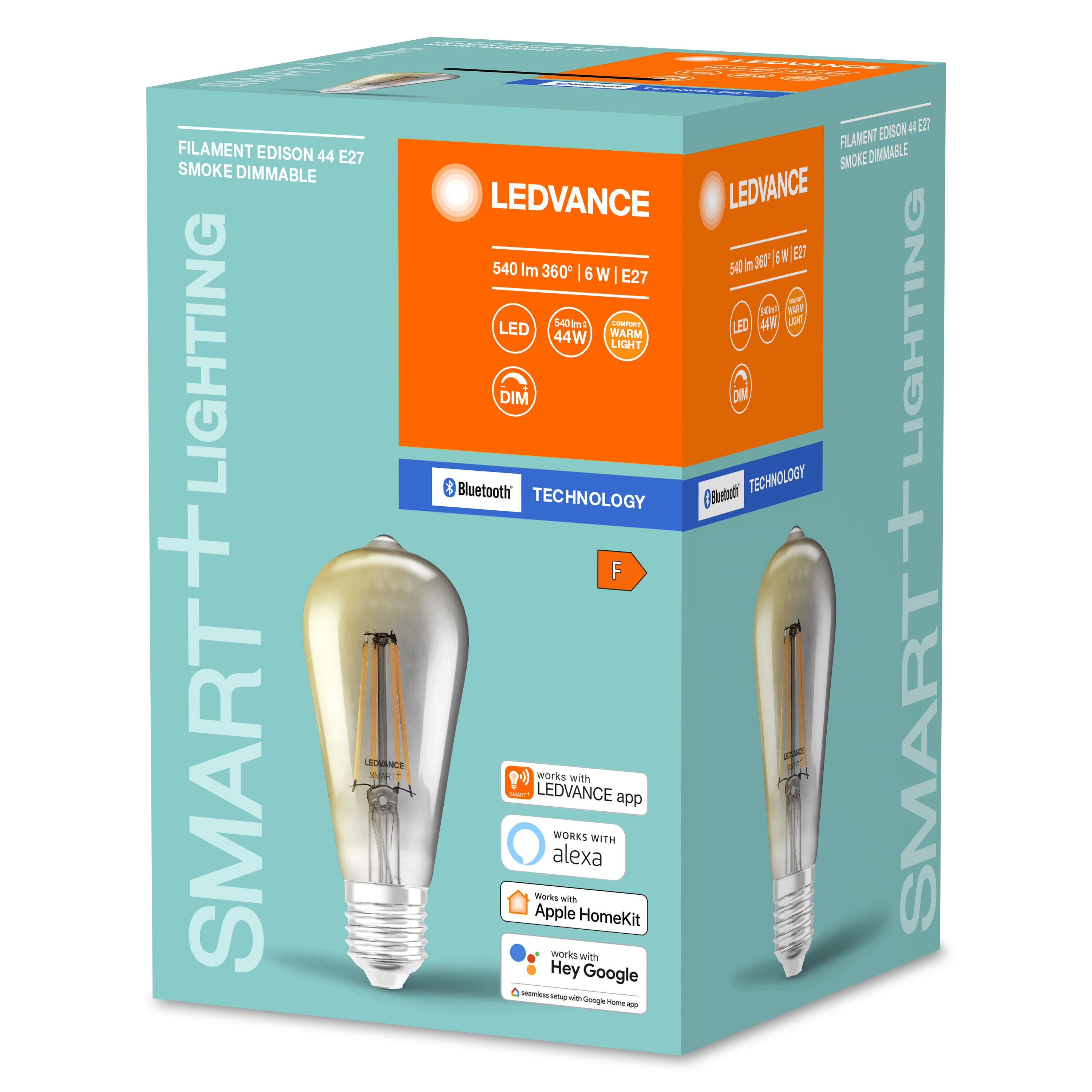 LEDVANCE Smart-Glühbirnenbox. Zeigt eine dimmbare Edison-Glühbirne mit Bluetooth und Smart-Home-Integration.
