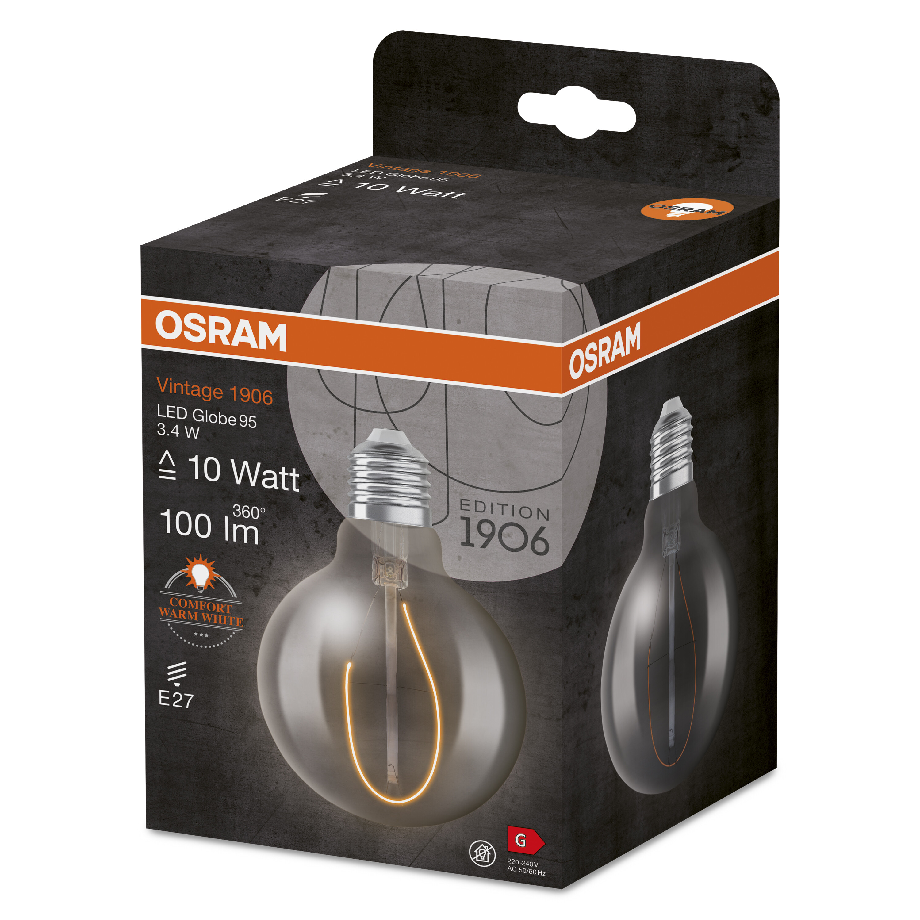 Une boîte d'ampoule vintage OSRAM, montrant l'ampoule et ses caractéristiques.