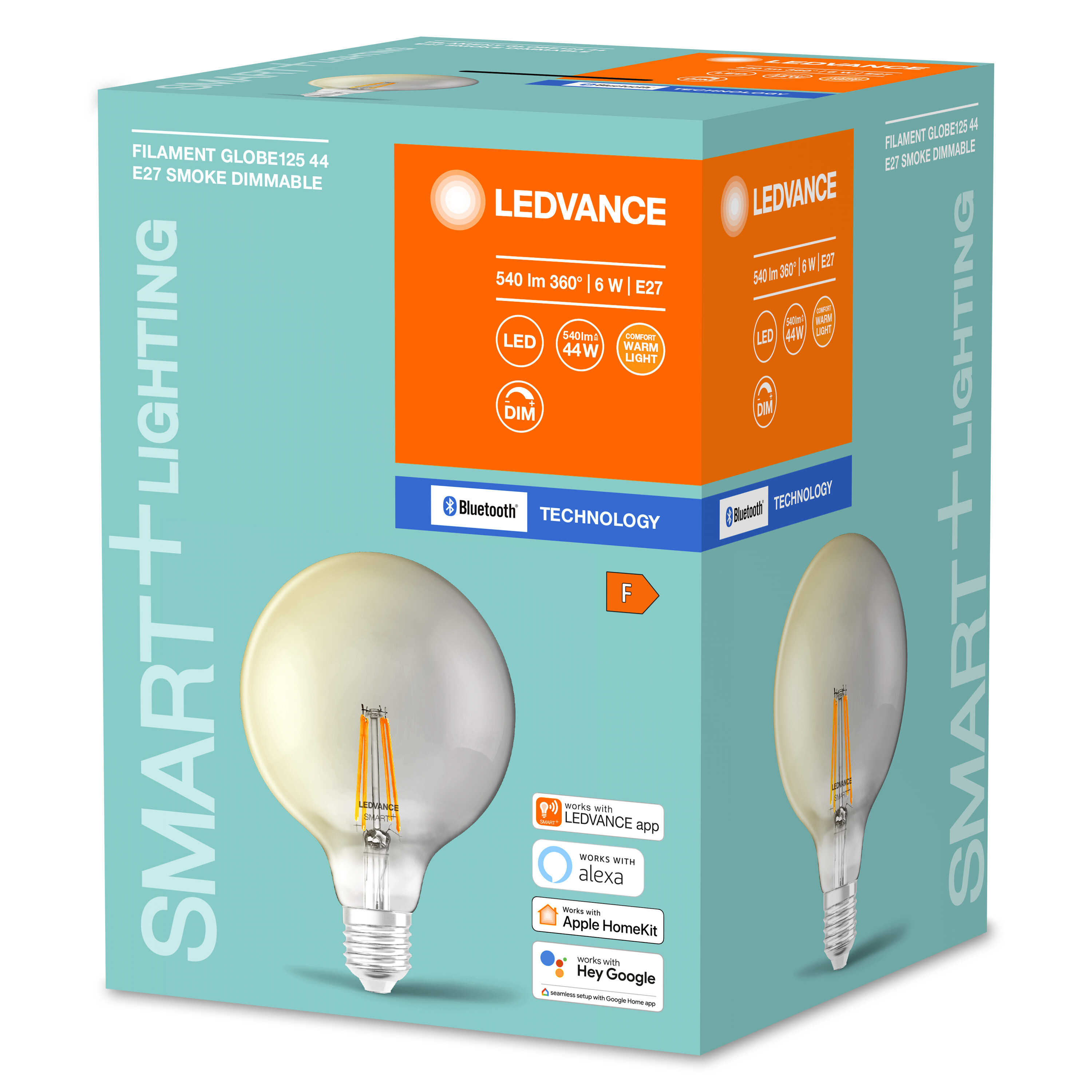 LEDVANCE Glühbirnenbox mit runder Glühbirne, die Dimmen und Bluetooth zeigt.