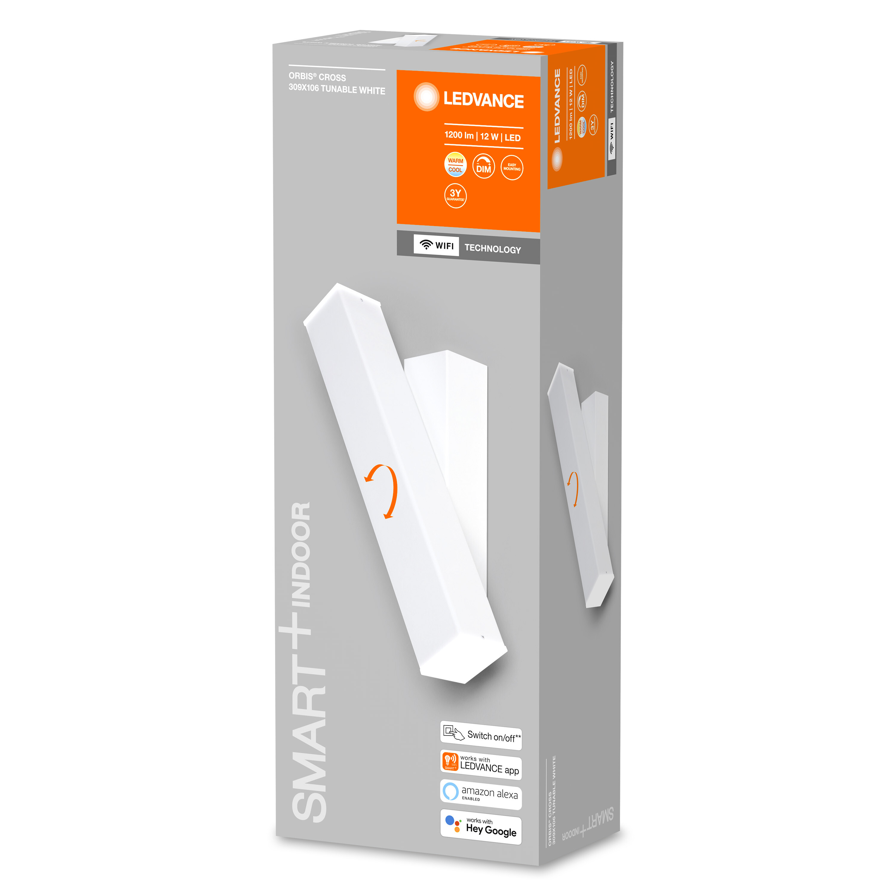 Eine weiße LED-Lichtbox-Verpackung mit dem Text 'SMART + INDOOR'. Die Marke ist LEDVANCE.