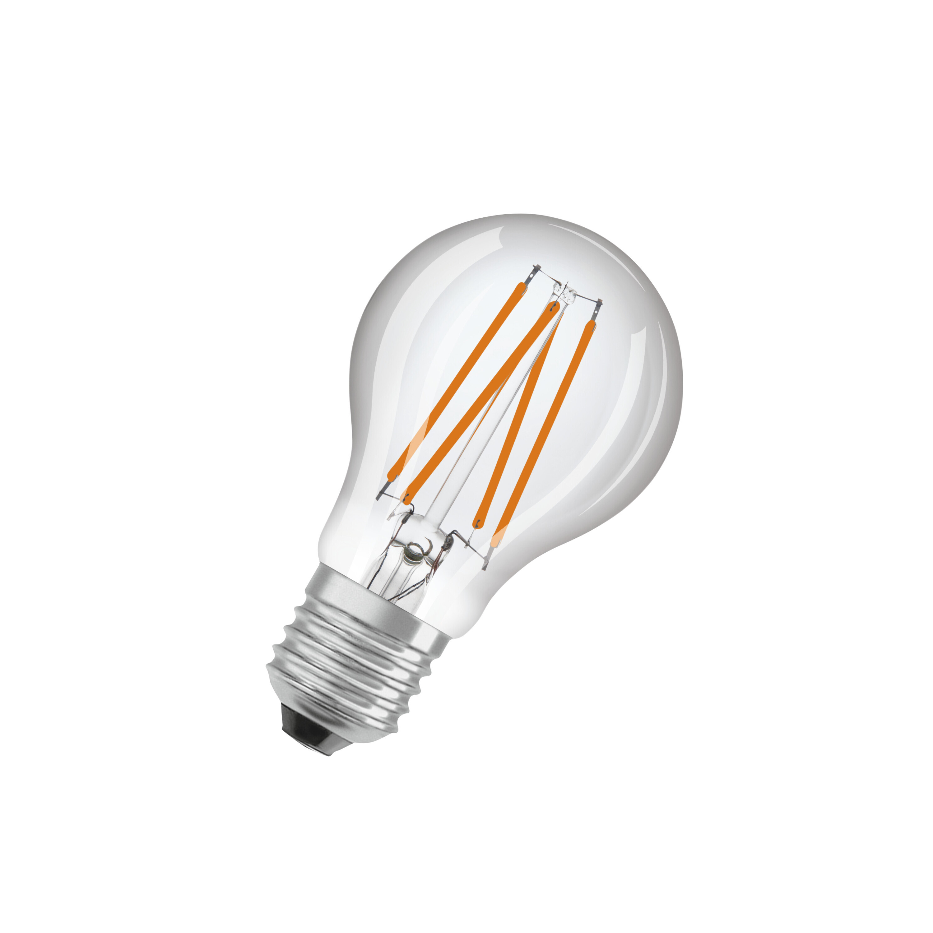 Une ampoule transparente avec des filaments oranges et un culot argenté.