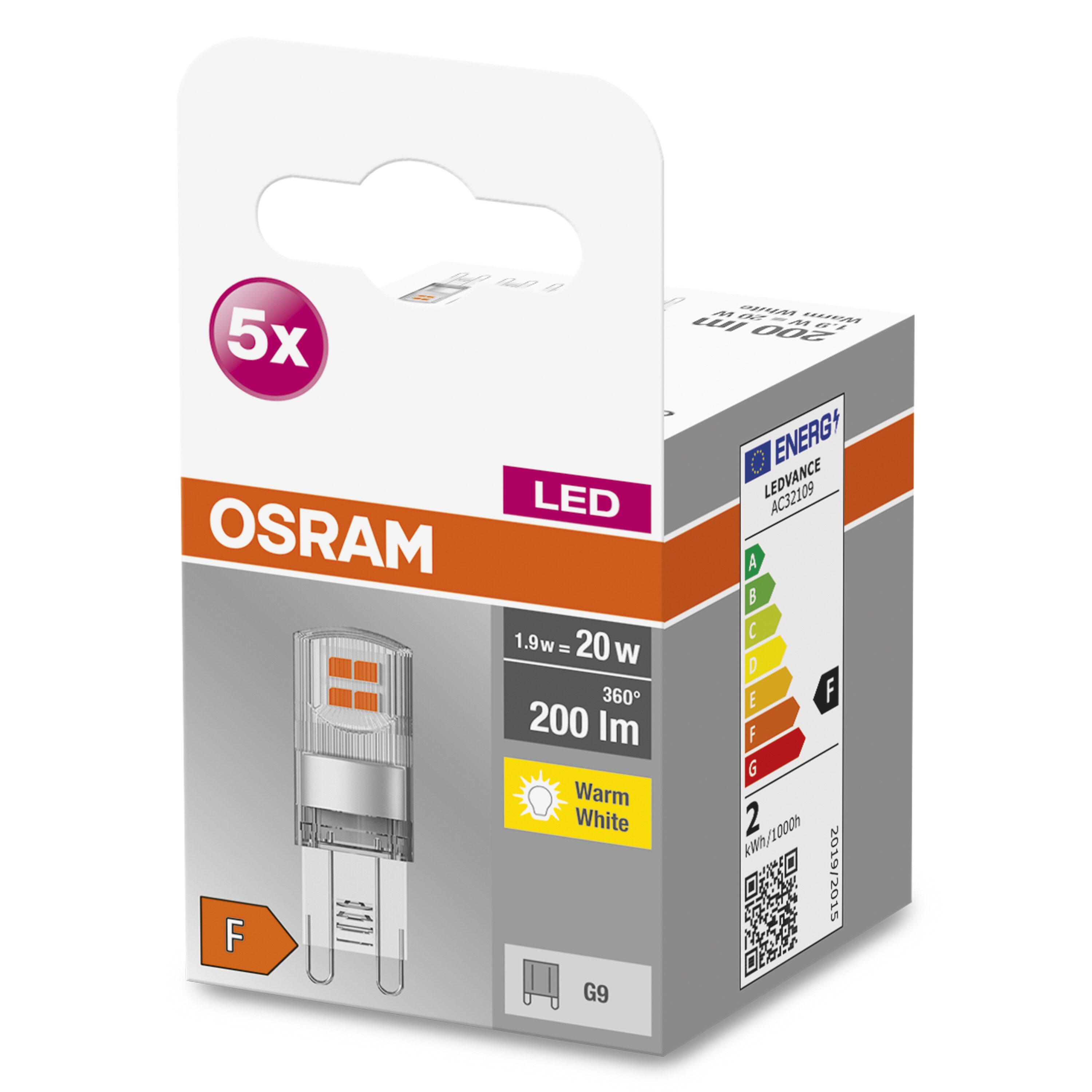 LED-Glühbirnenverpackung. Enthält Produktinfo sowie OSRAM- und LED-Marken.