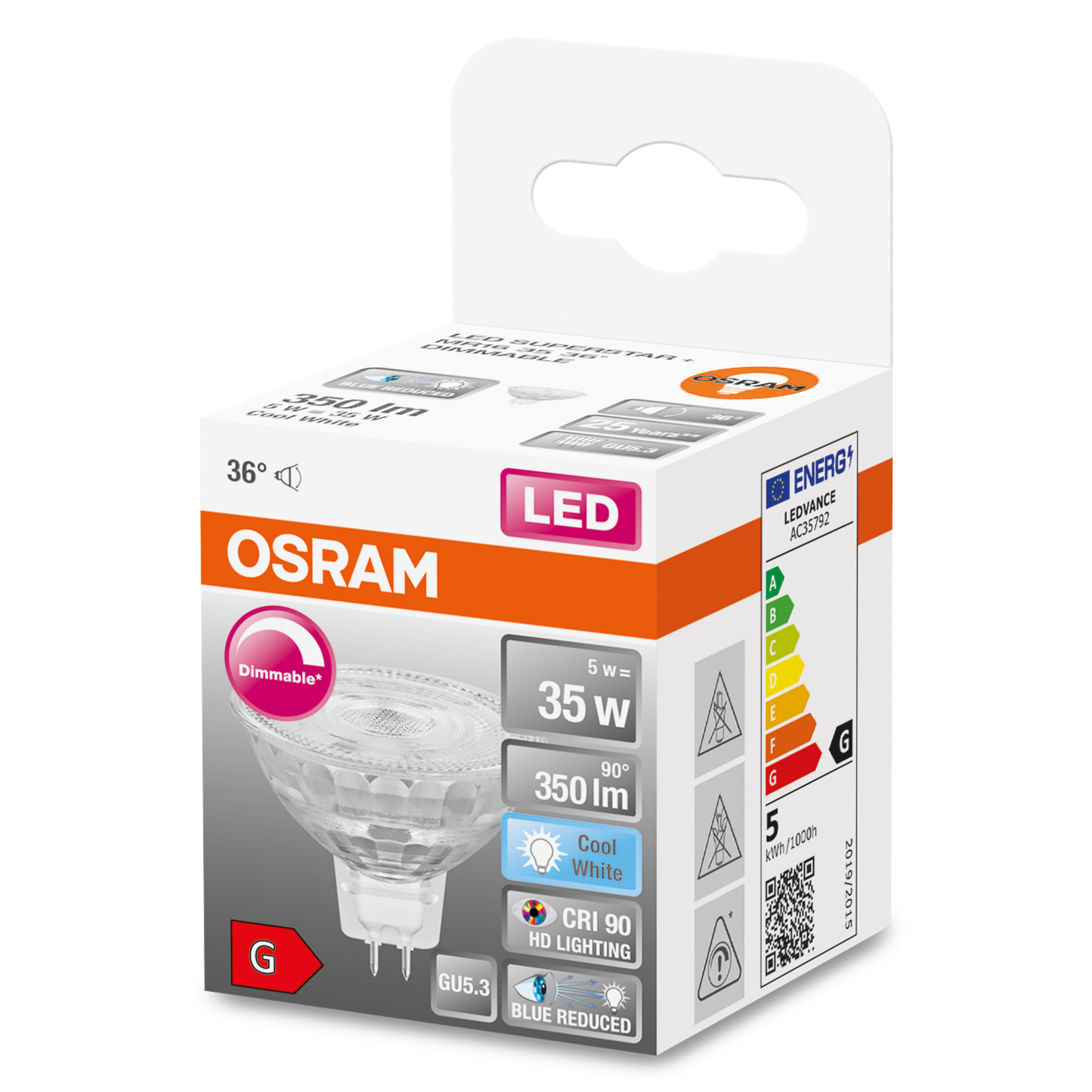 Verpackte LED-Glühbirne. Die Box ist weiß und orange, mit Text und Diagrammen auf der Box sichtbar.