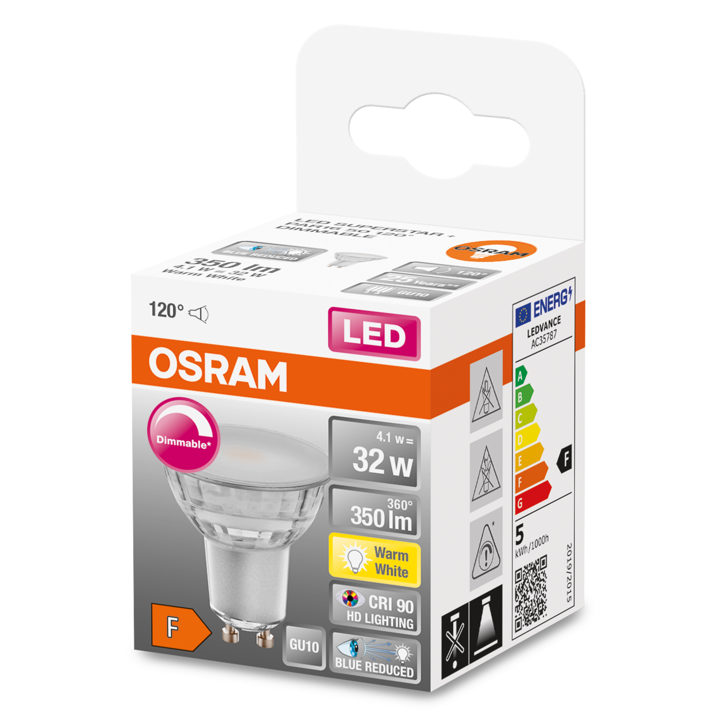 OSRAM LED-Glühbirne in der Verpackung. Eigenschaften sind warmweißes Licht, dimmbar und Energieeffizienz.