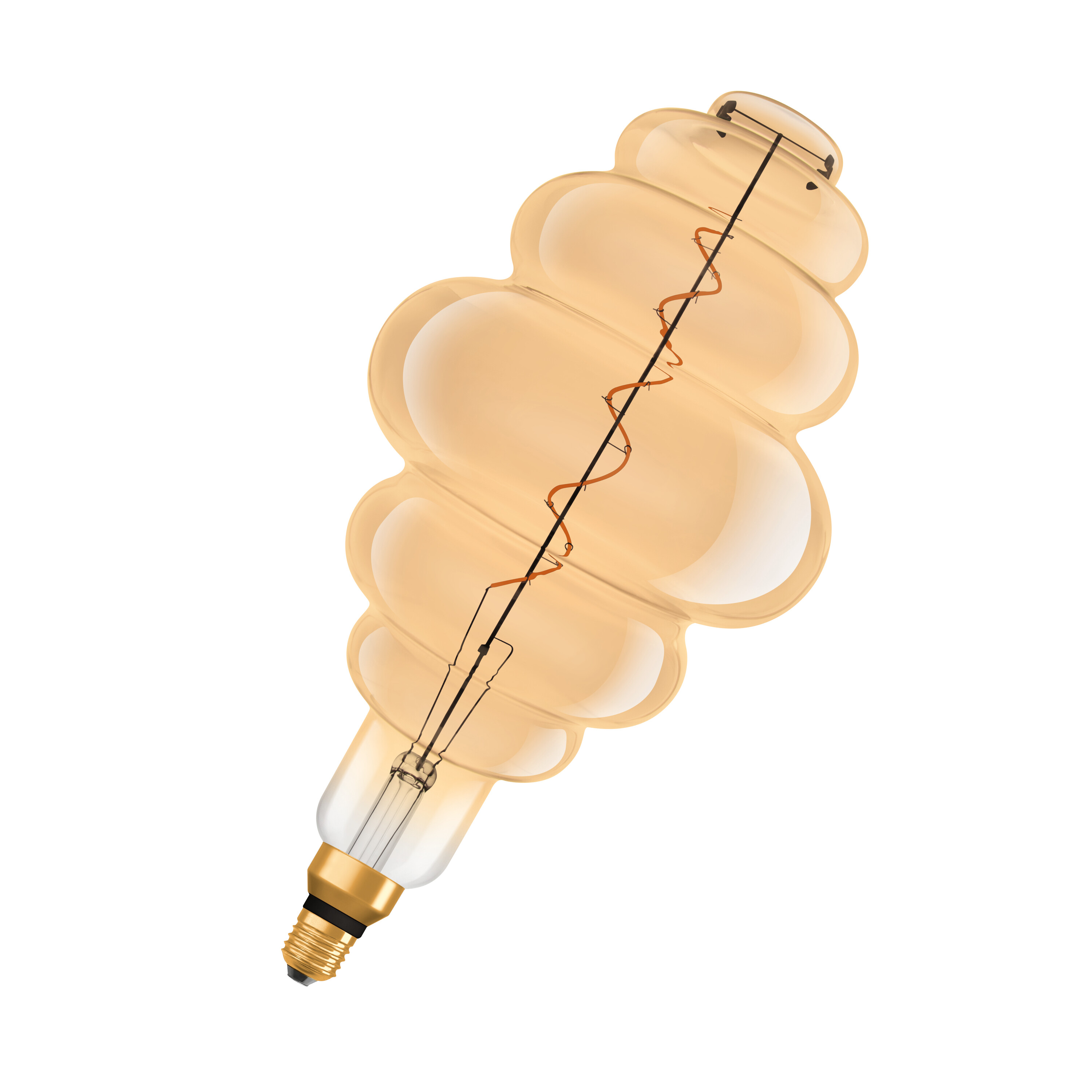 Una lampadina a spirale con vetro dorato e filamento.