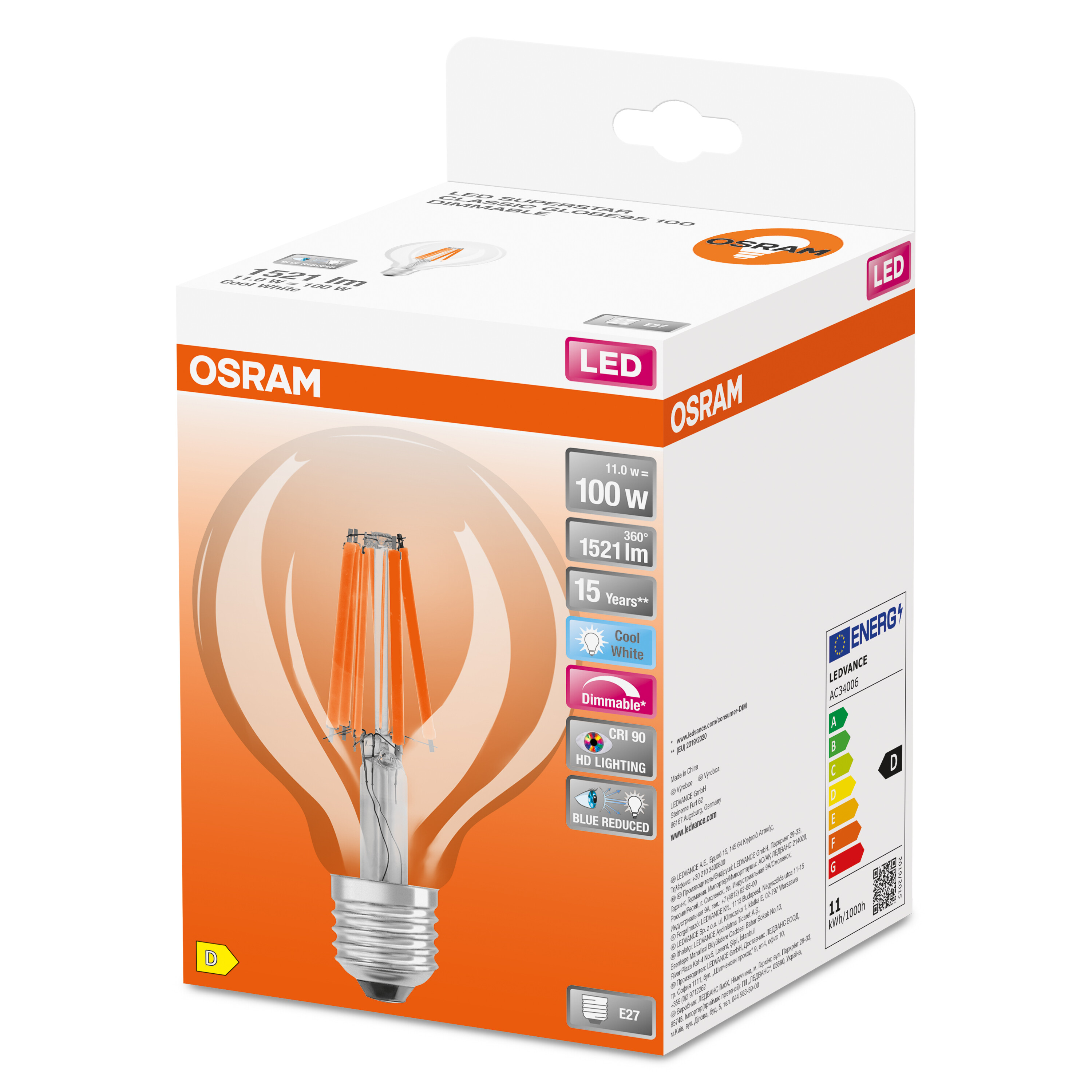 Eine OSRAM LED-Glühbirnenbox. Die Box ist weiß und hat eine Glühbirnenillustration und Text, der die Eigenschaften der Birne beschreibt.
