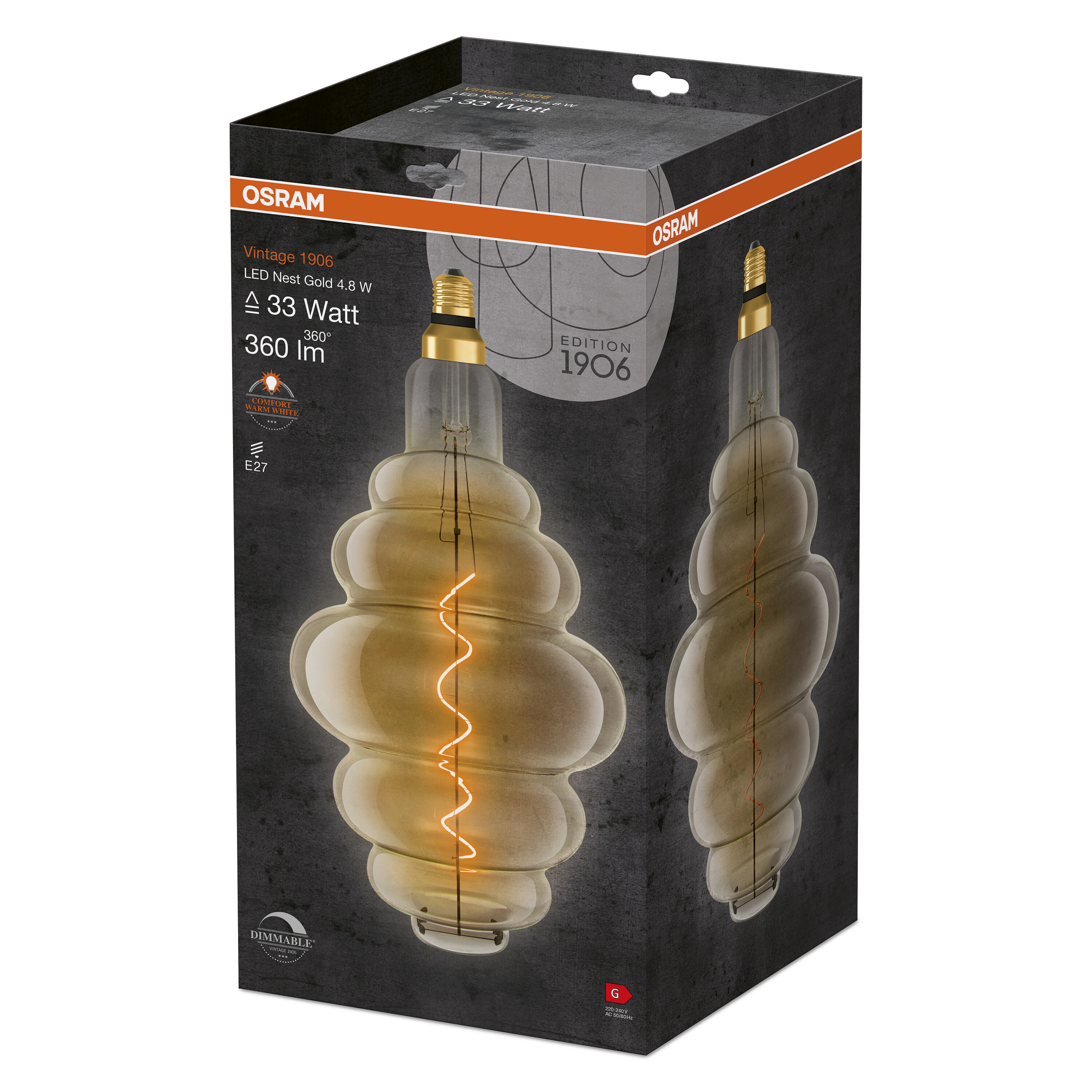 Lampadina LED vintage in scatola. Lampadina color oro con un design a spirale unico.