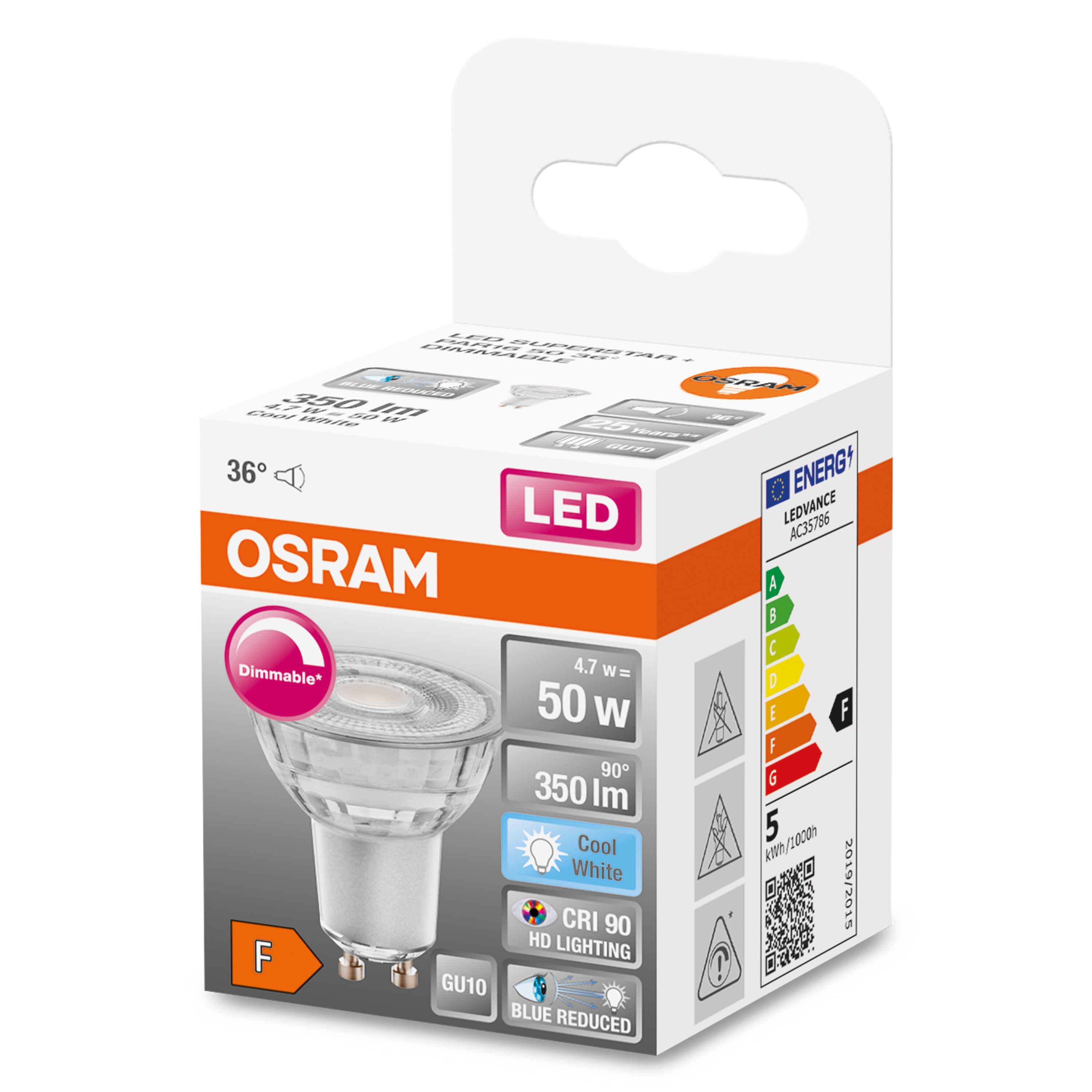 Eine Glühbirnenverpackung mit einer GU10 LED-Glühbirne im Inneren und der Marke OSRAM.